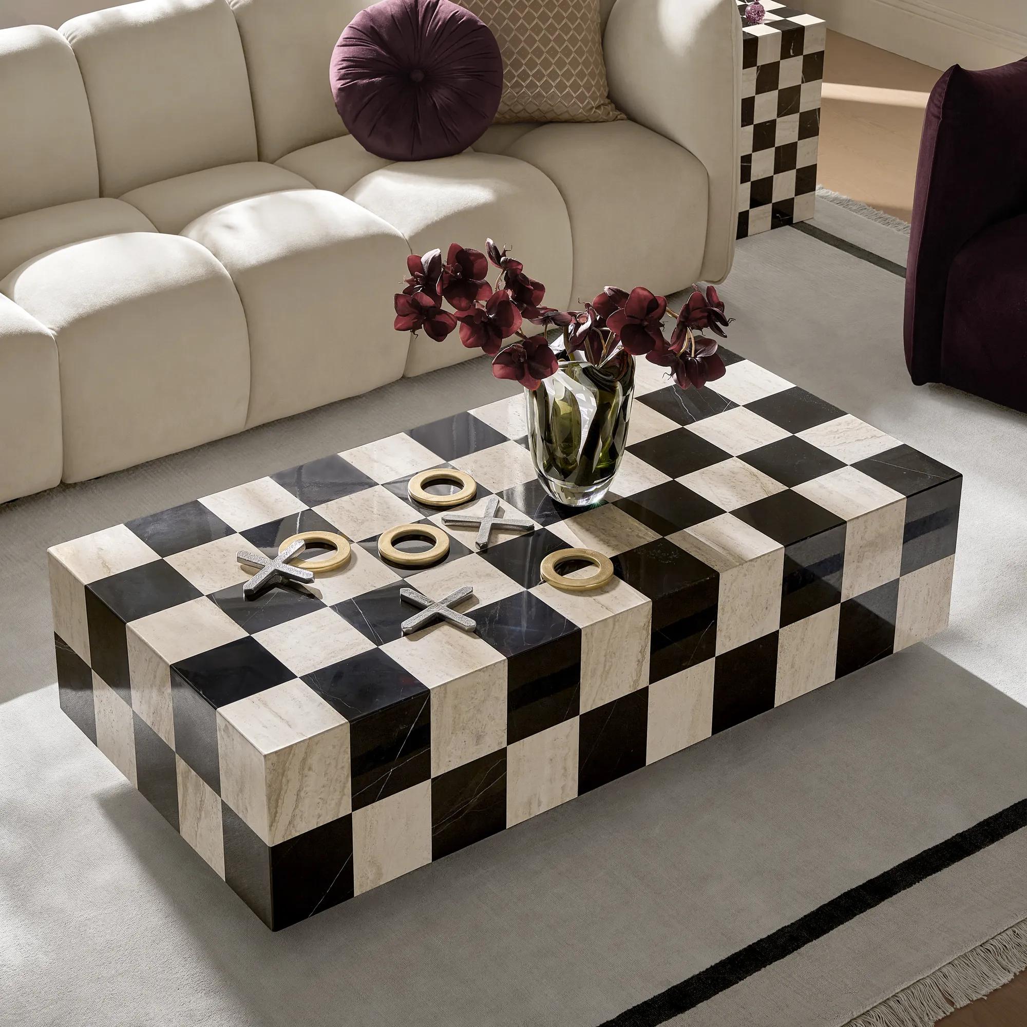 Chessa Rectangular Chequered Marble Coffee Table (53.1")