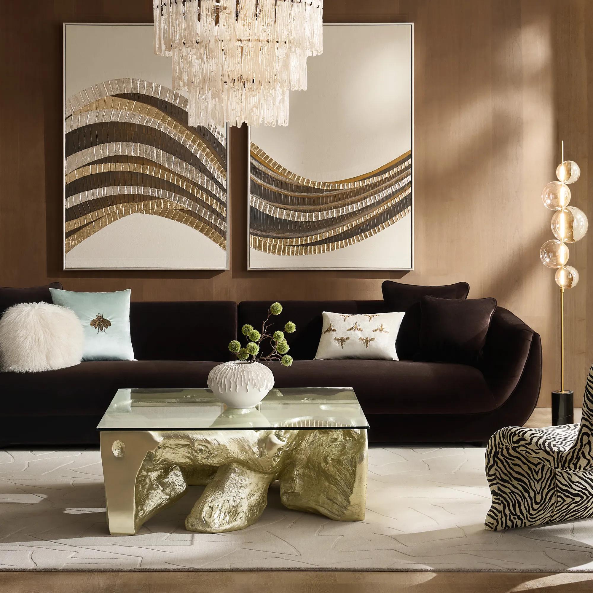 Sequoia Champagne Gold Resin Coffee Table With Glass Top (44")
