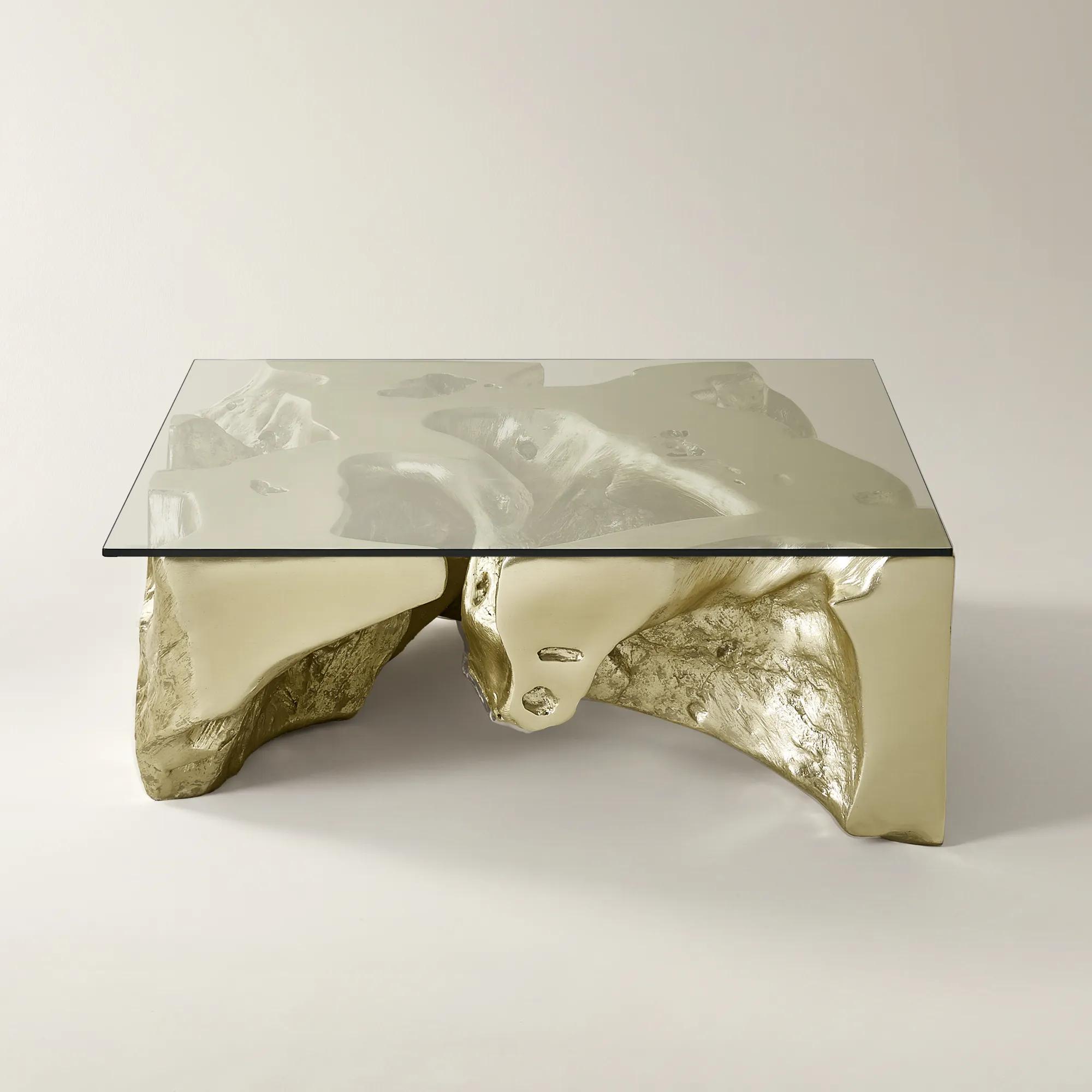 Sequoia Champagne Gold Resin Coffee Table With Glass Top (44")