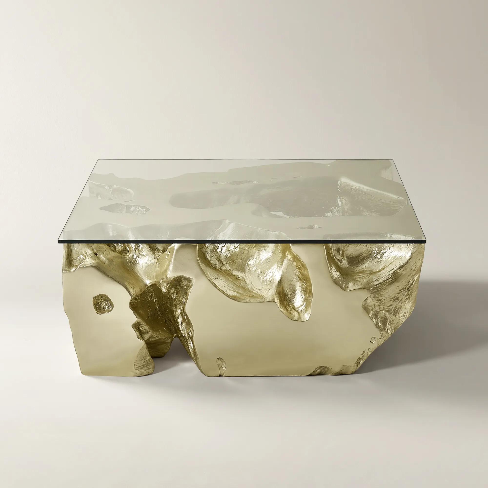 Sequoia Champagne Gold Resin Coffee Table With Glass Top (44")