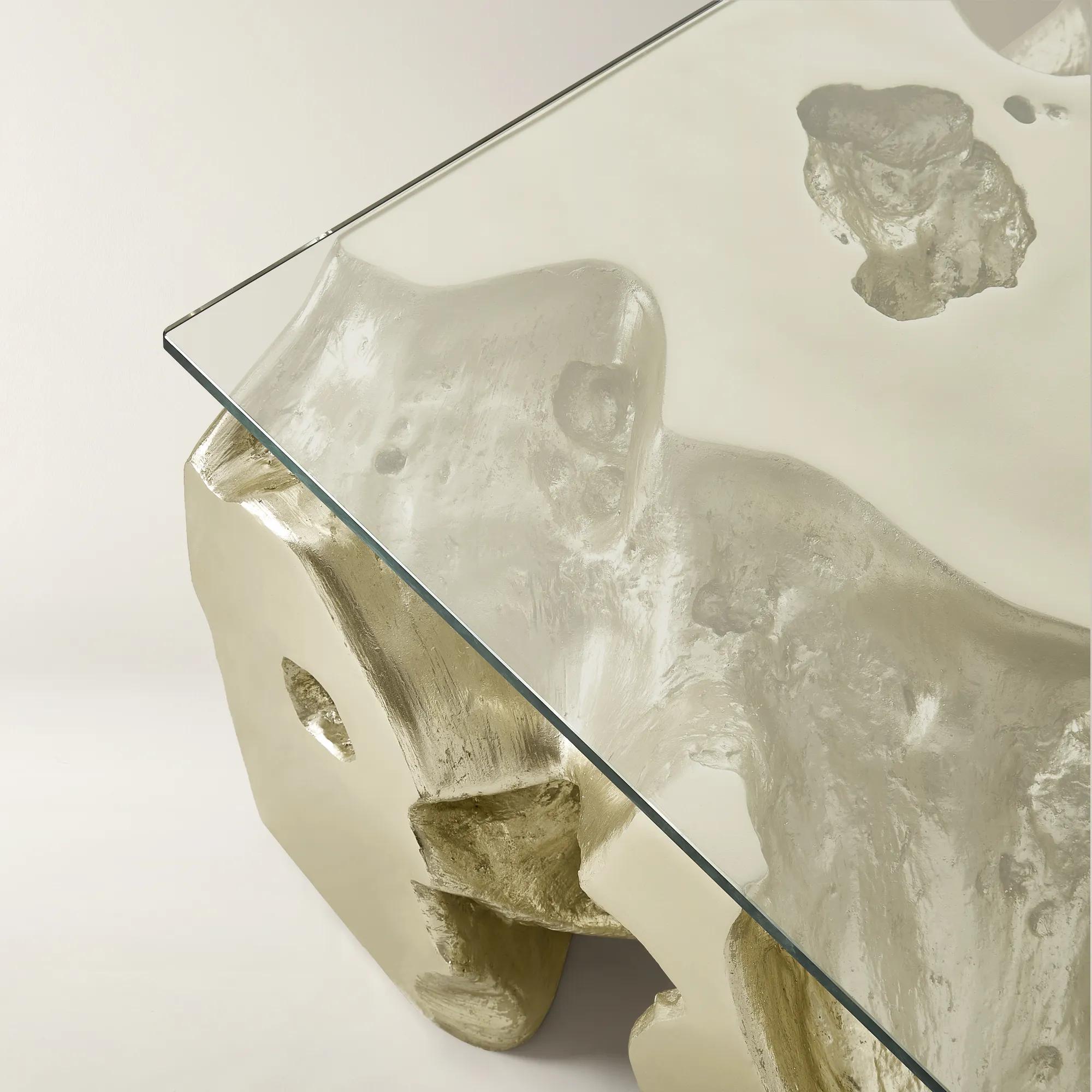 Sequoia Champagne Gold Resin Coffee Table With Glass Top (44")