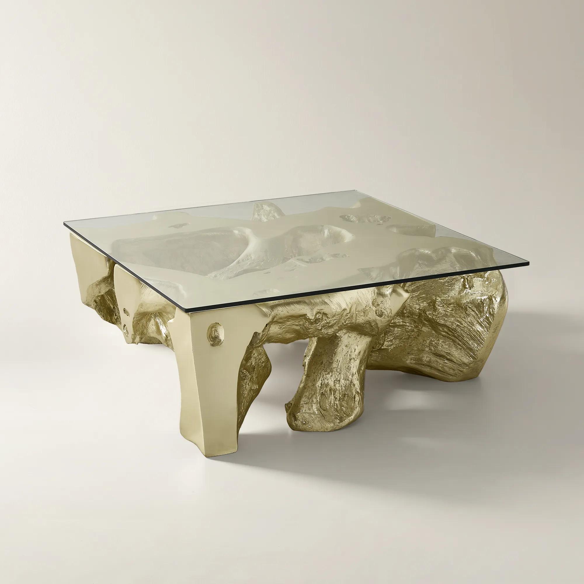Sequoia Champagne Gold Resin Coffee Table With Glass Top (44")