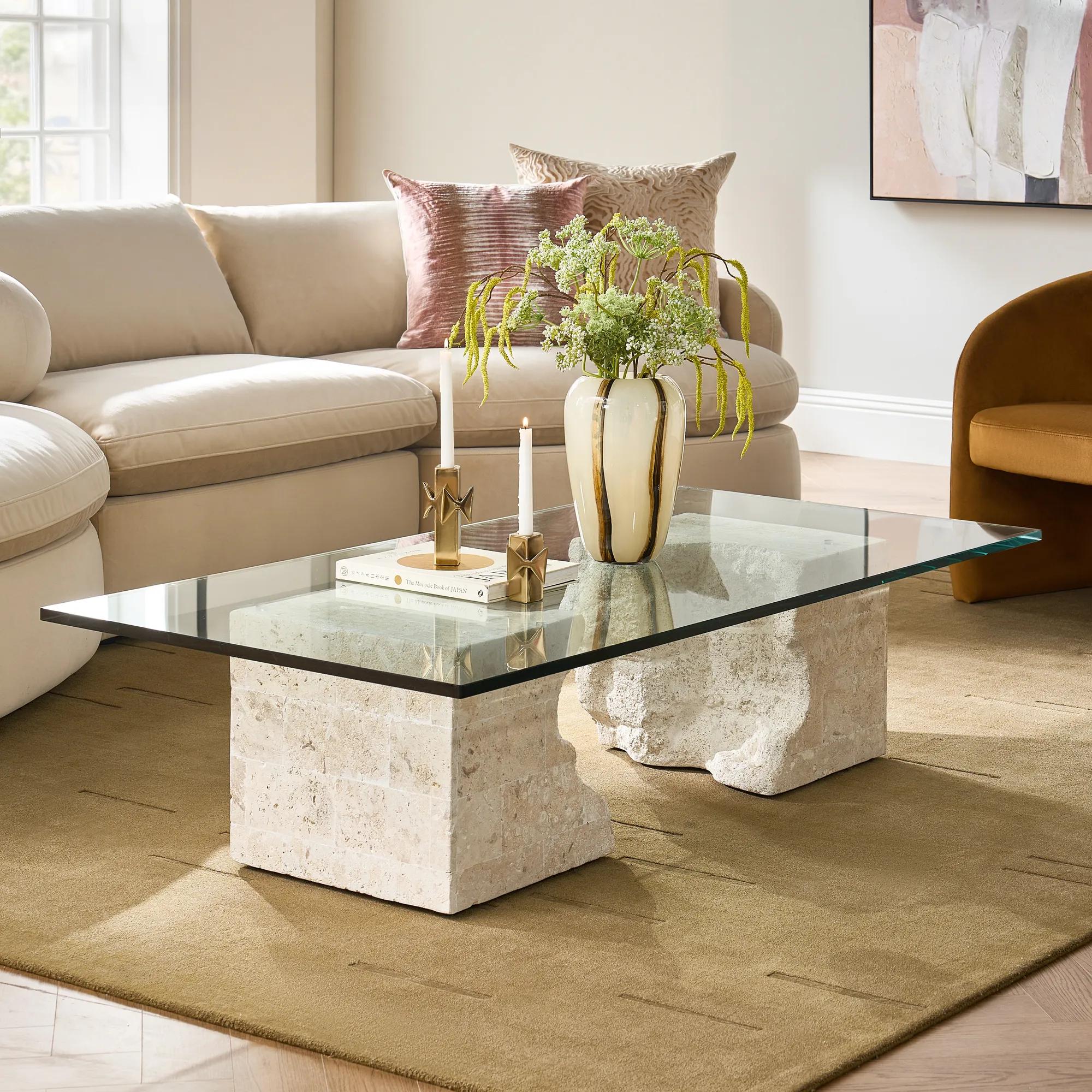 Cairo Rectangular Mactan Stone Coffee Table With Glass Top (70.87")