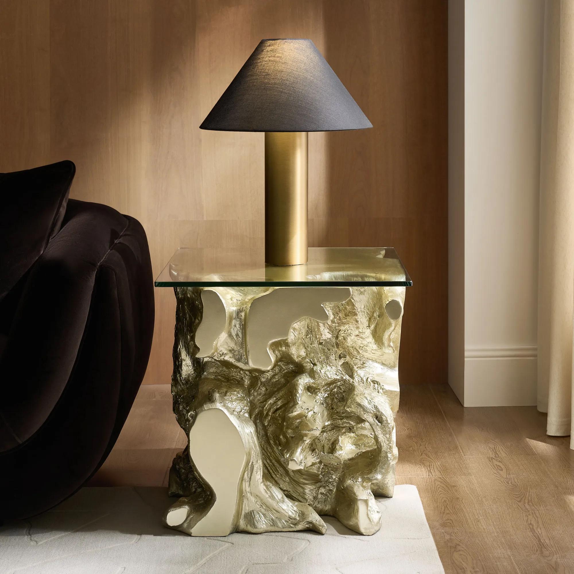 Sequoia Champagne Gold Resin End Table With Glass Top (22")