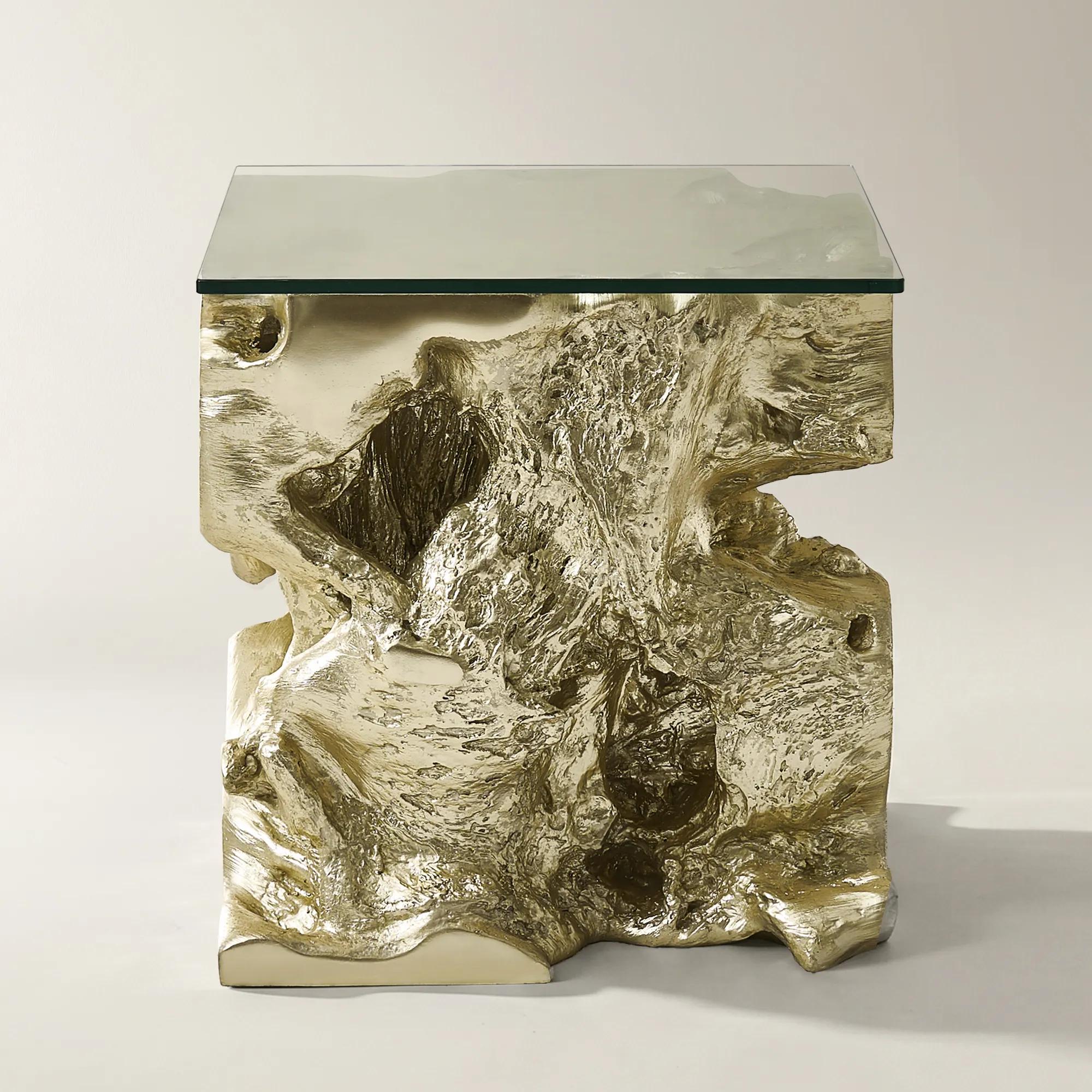Sequoia Champagne Gold Resin End Table With Glass Top (22")