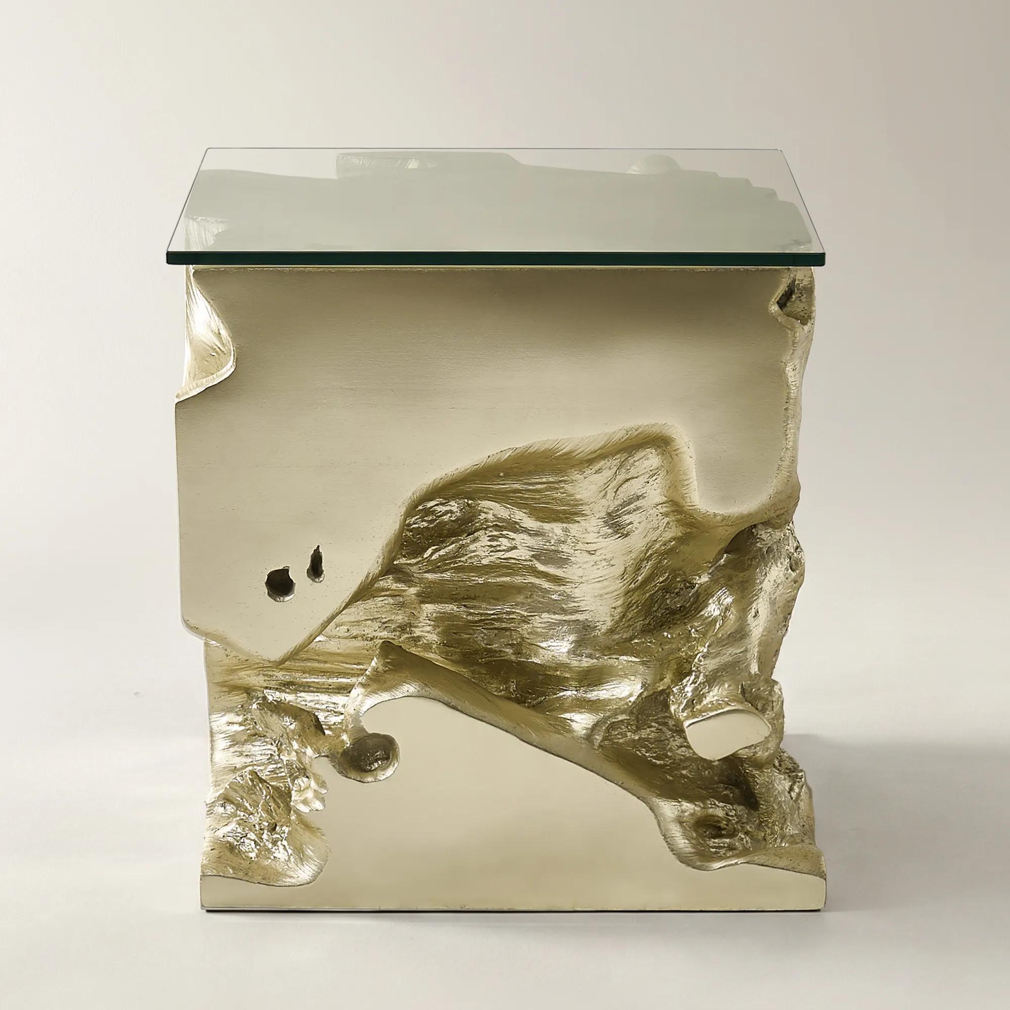 Sequoia Champagne Gold Resin End Table With Glass Top (22")