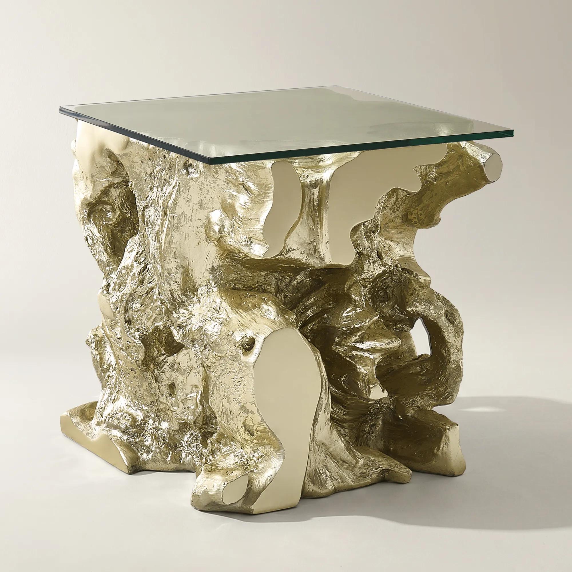 Sequoia Champagne Gold Resin End Table With Glass Top (22")