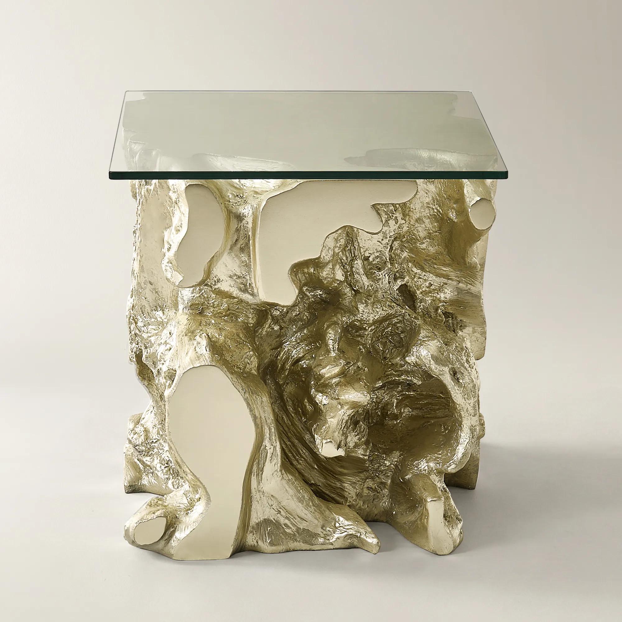 Sequoia Champagne Gold Resin End Table With Glass Top (22")