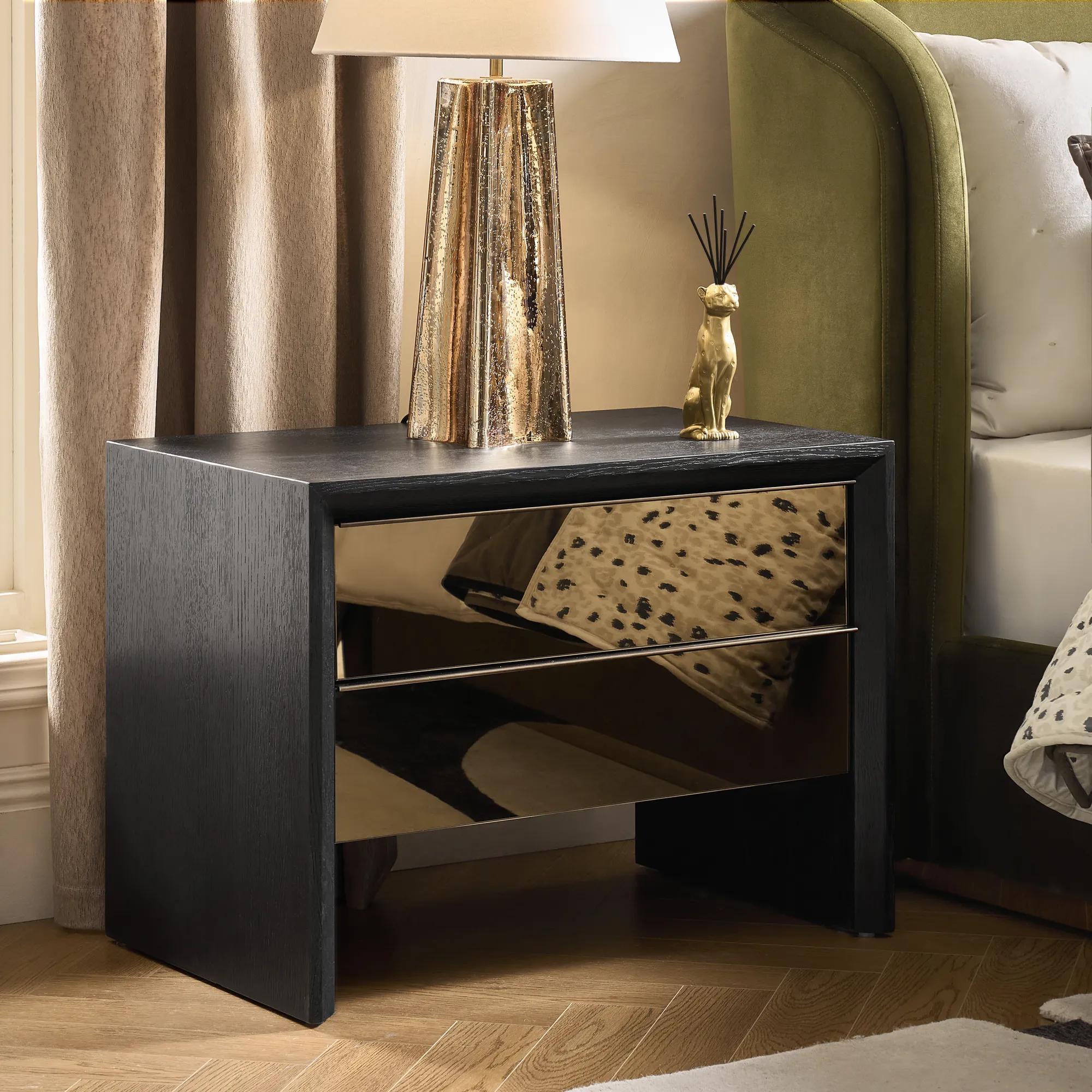 Glimmer Mirrored Black Oak 2-Drawer Nightstand (32")