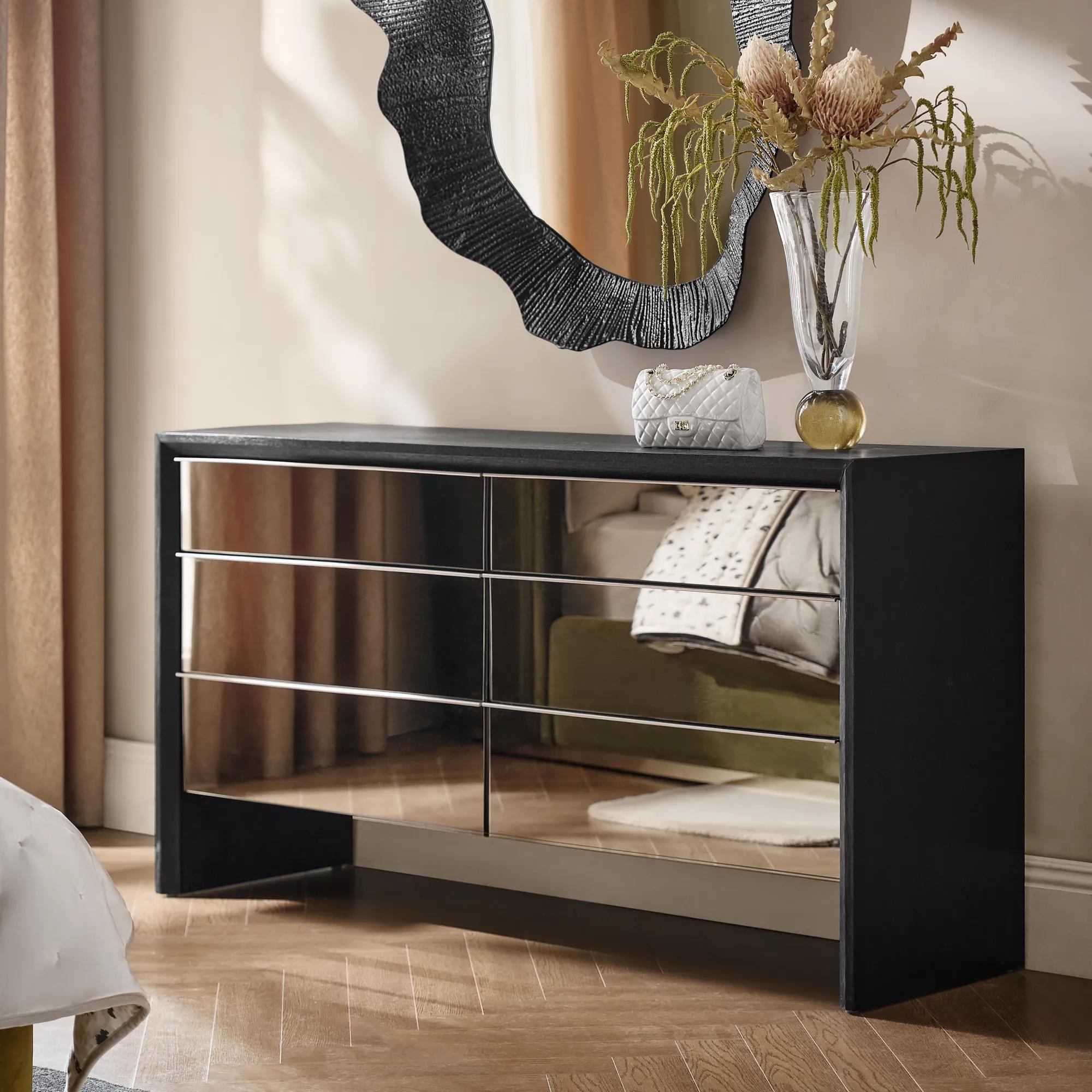 Glimmer Mirrored Black Oak 6-Drawer Dresser (65")