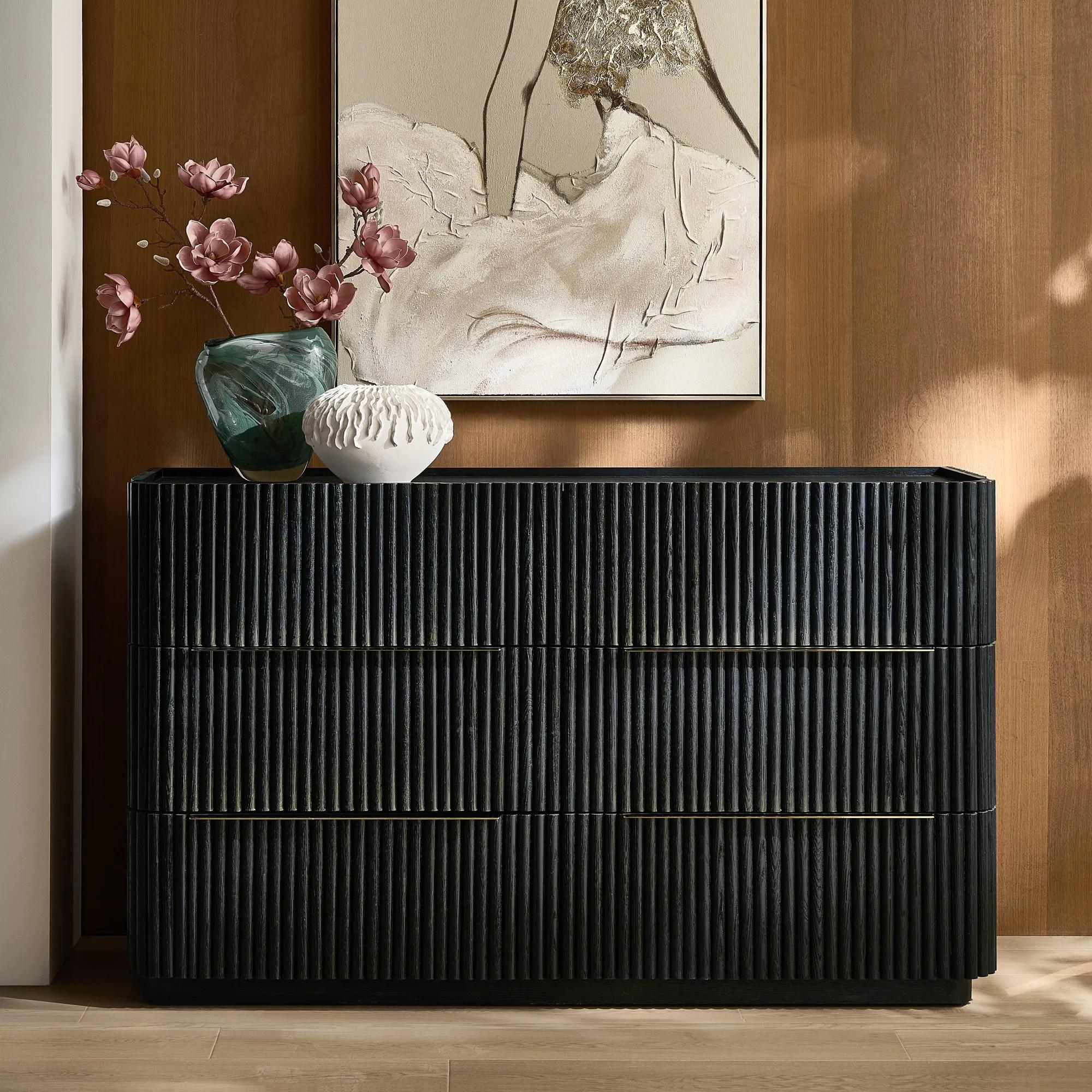 Stria Reeded Black Oak 6-Drawer Dresser (64.5")