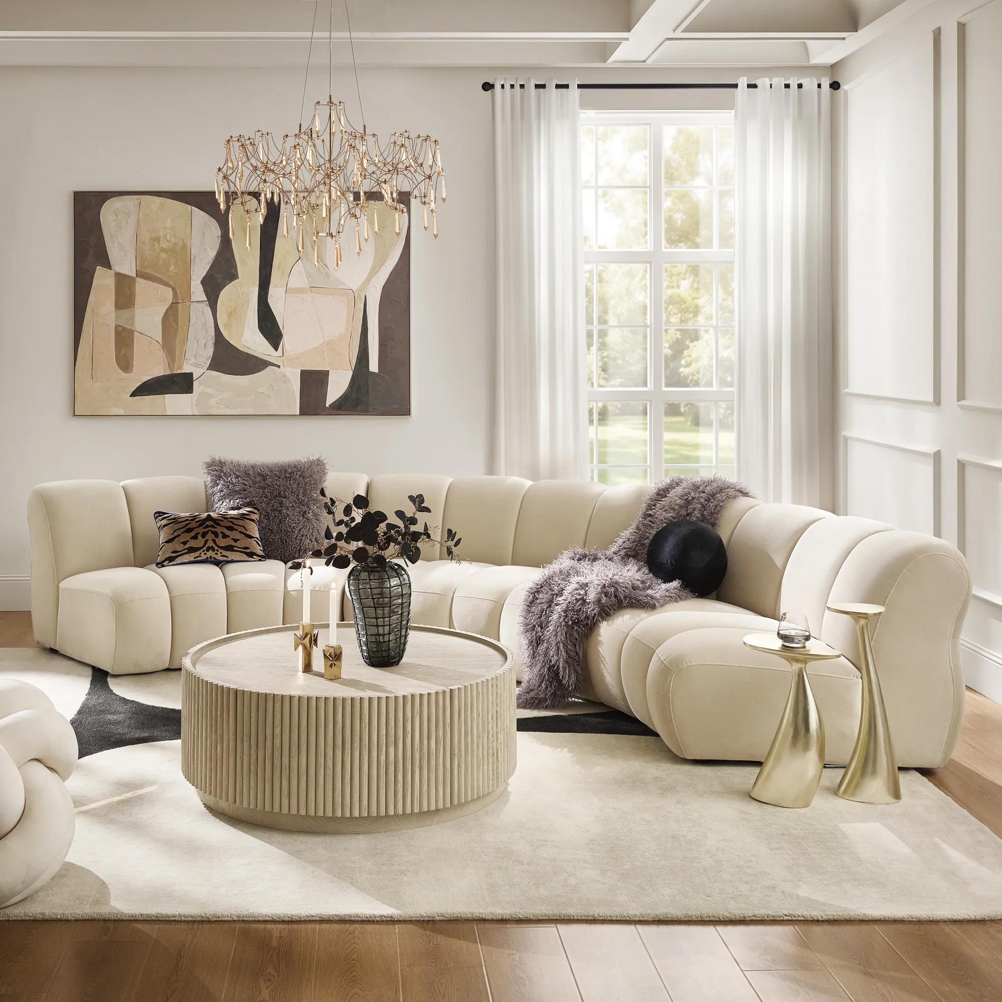 Jocelyn 2-Piece Channel-Tufted Oatmeal Velvet Sectional Sofa