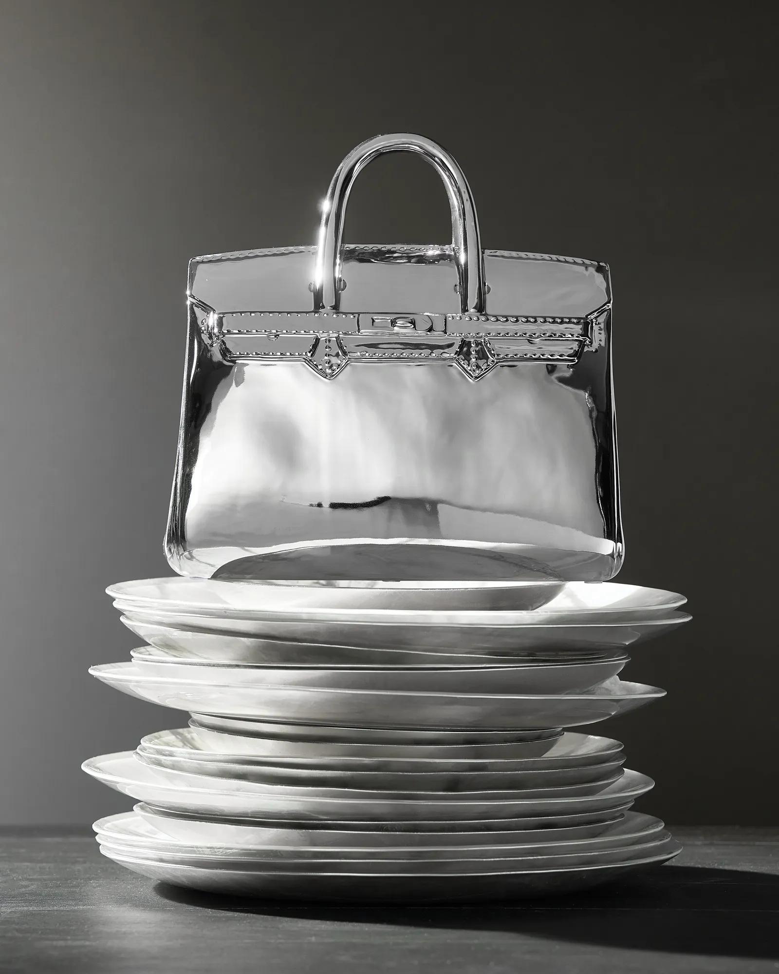 Handbag Silver Ceramic High Gloss Coin Bank Large