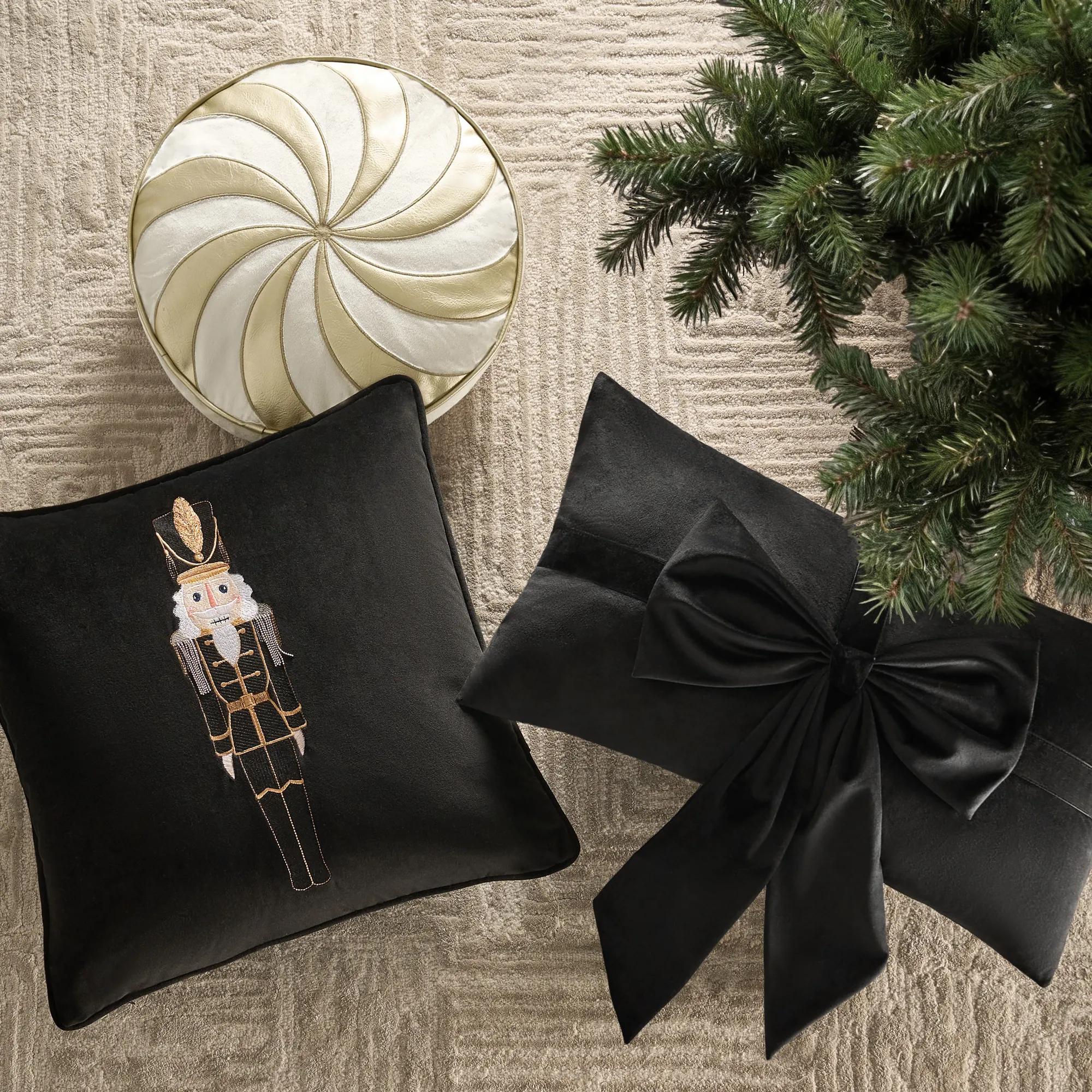 Nutcracker Embroidered Black Velvet Holiday Pillow 20" x 20"