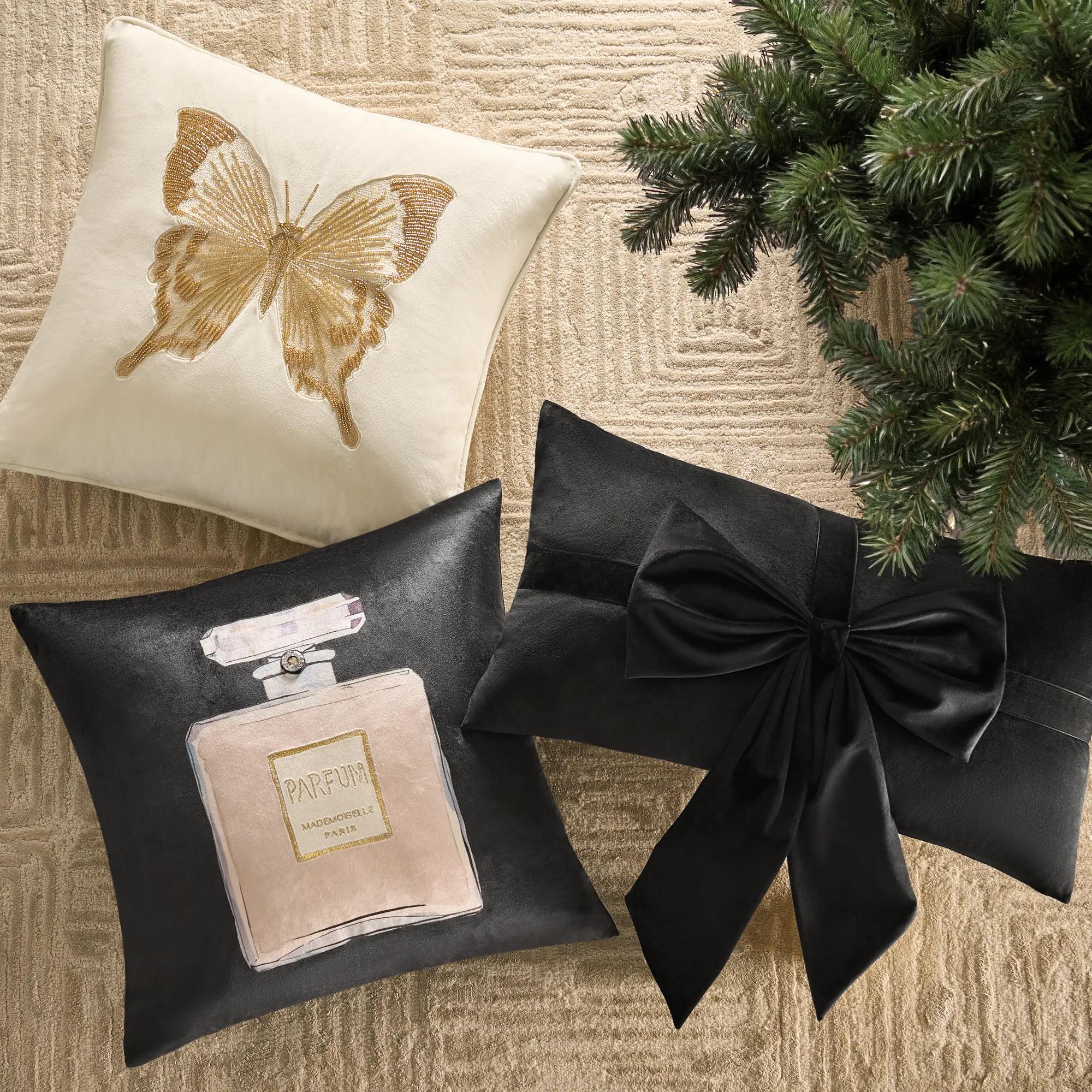 Velvet Bow Lumbar Pillow 14" x 20"- Black