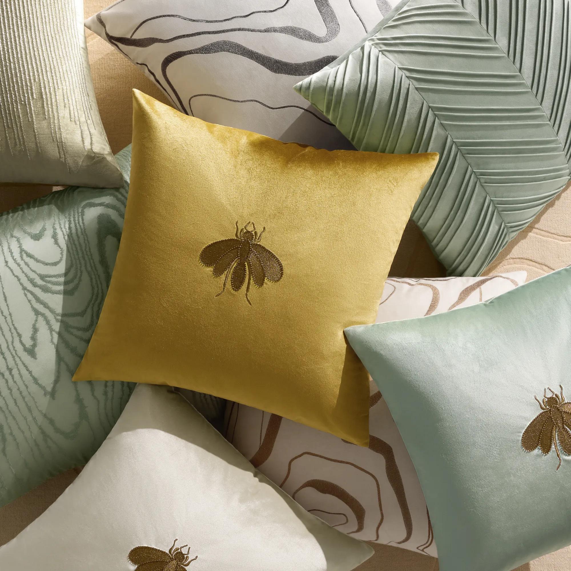 Bee Embroidered Velvet Pillow 20" - Sea Glass/Bronze