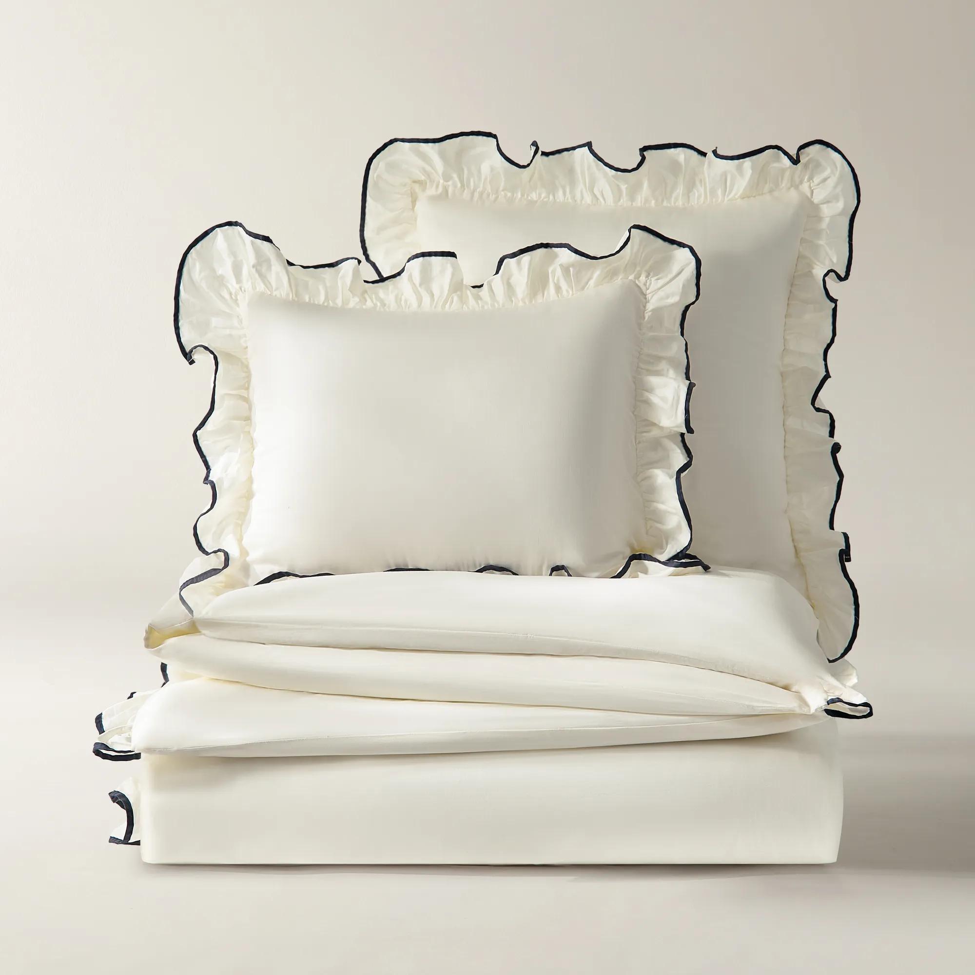 Vittoria Ruffle Cotton Percale Bedding Set - Ivory/Black