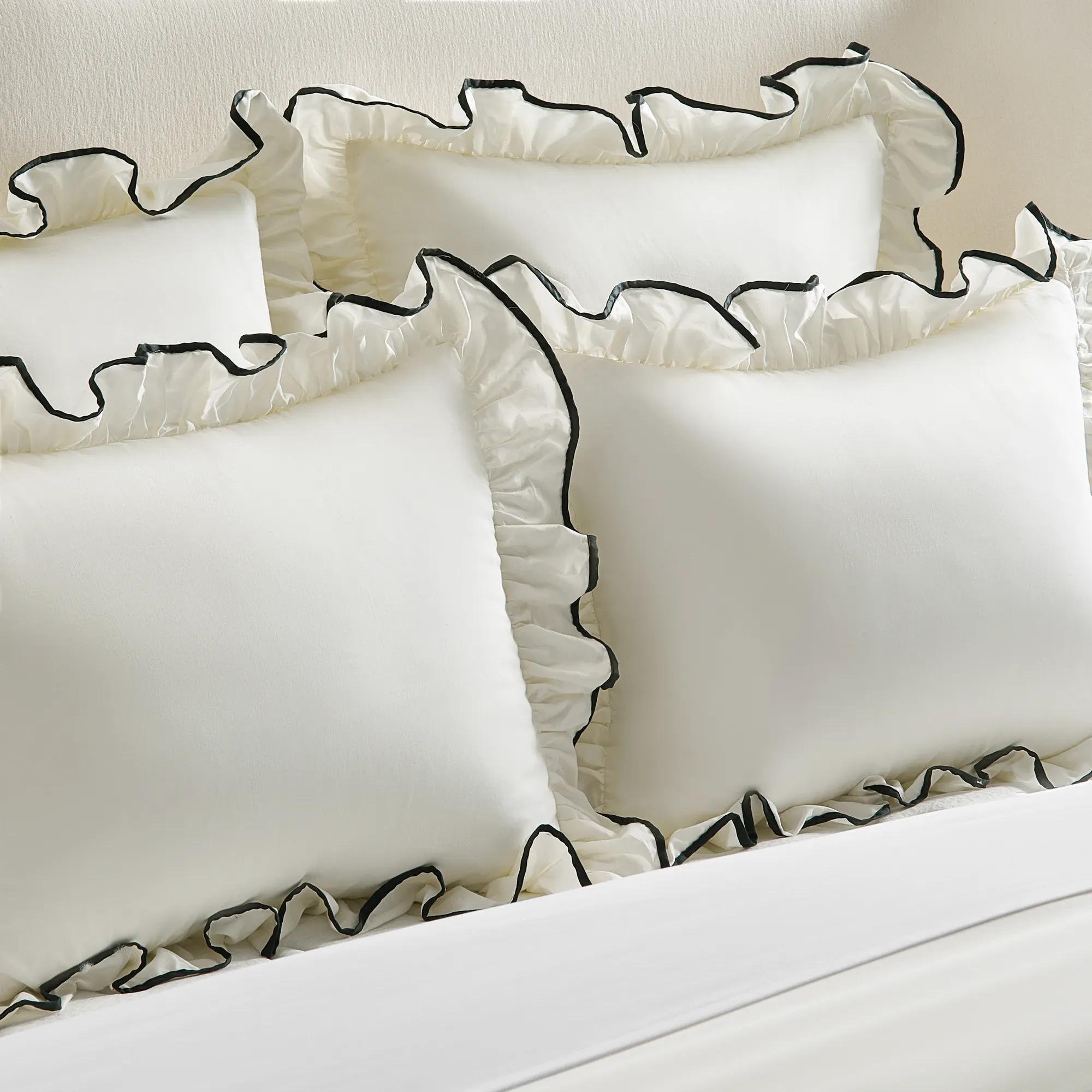 Vittoria Ruffle Cotton Percale Bedding Set - Ivory/Black