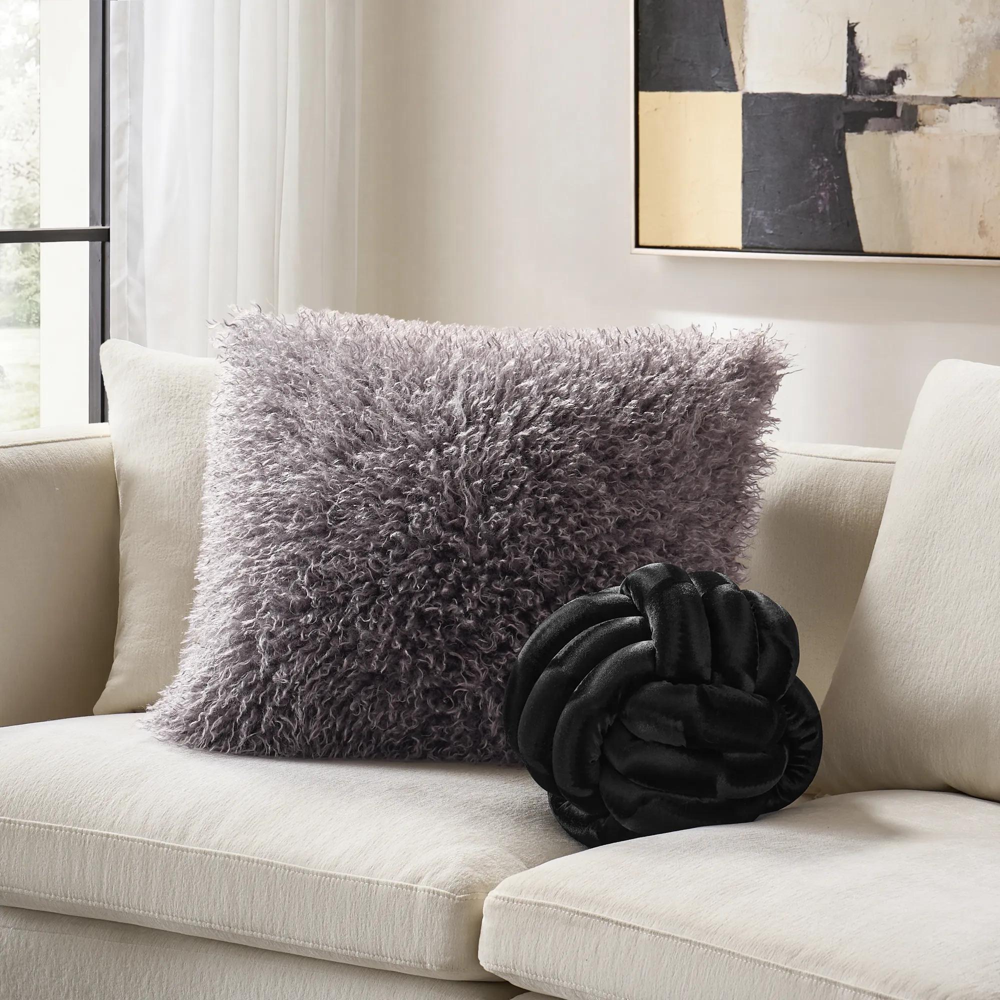 Micah Smoked Plum Faux Mongolian Fur Pillow 22" x 22"