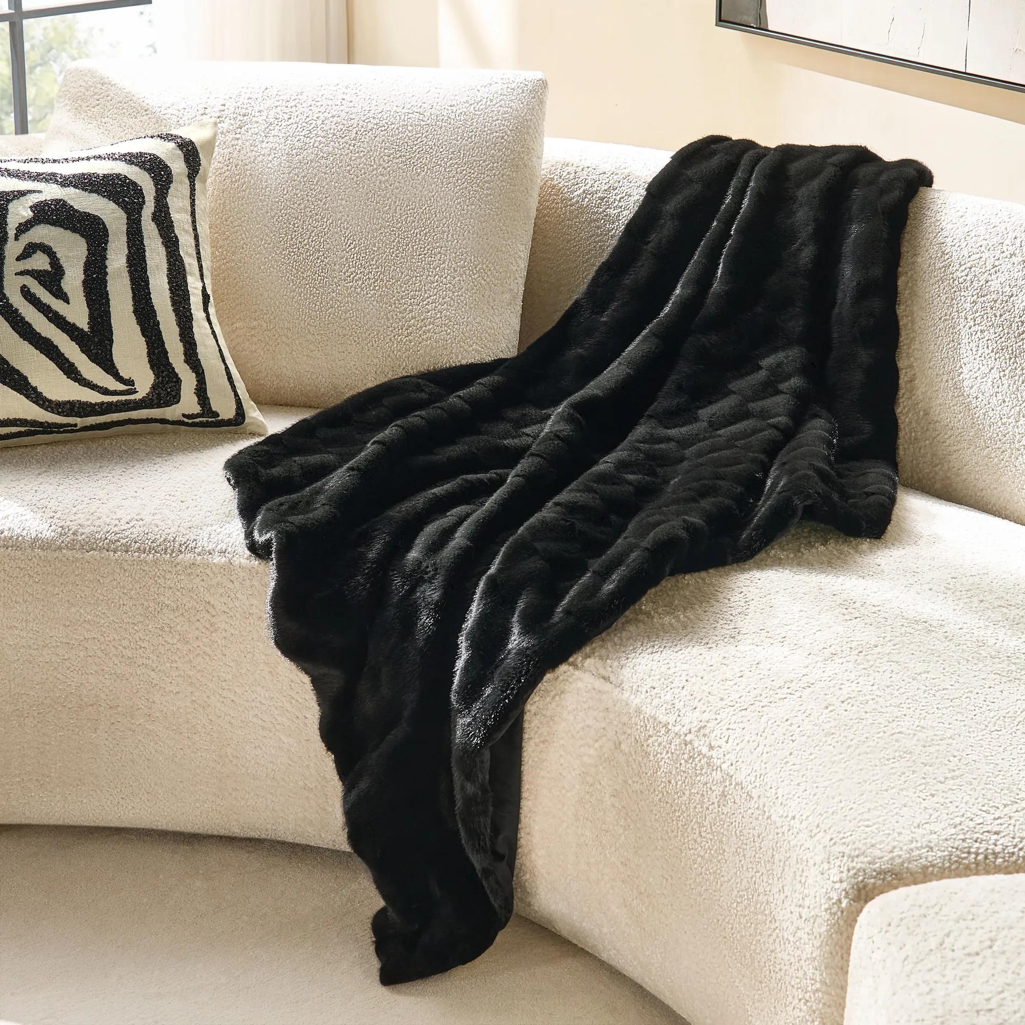 Carved Check Fur Throw 60" x 50" - Black