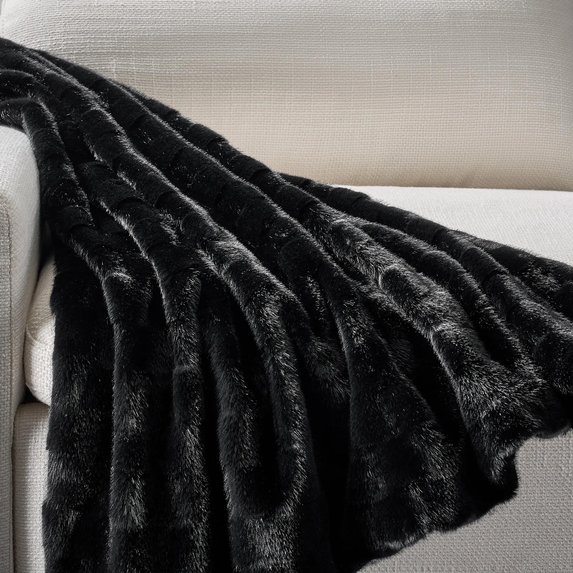 Carved Check Fur Throw 60" x 50" - Black