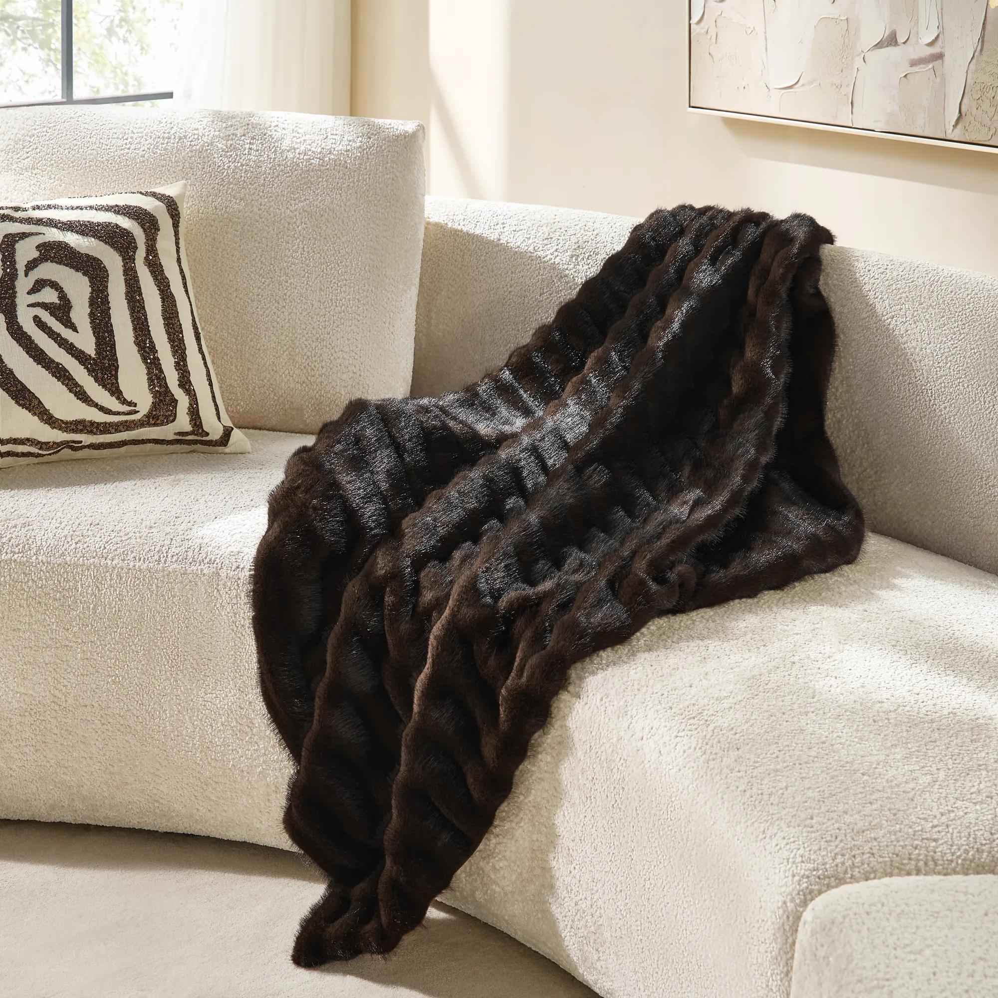 Chaska Channeled Fur Throw 60" x 50" - Dark Chocolate Brown