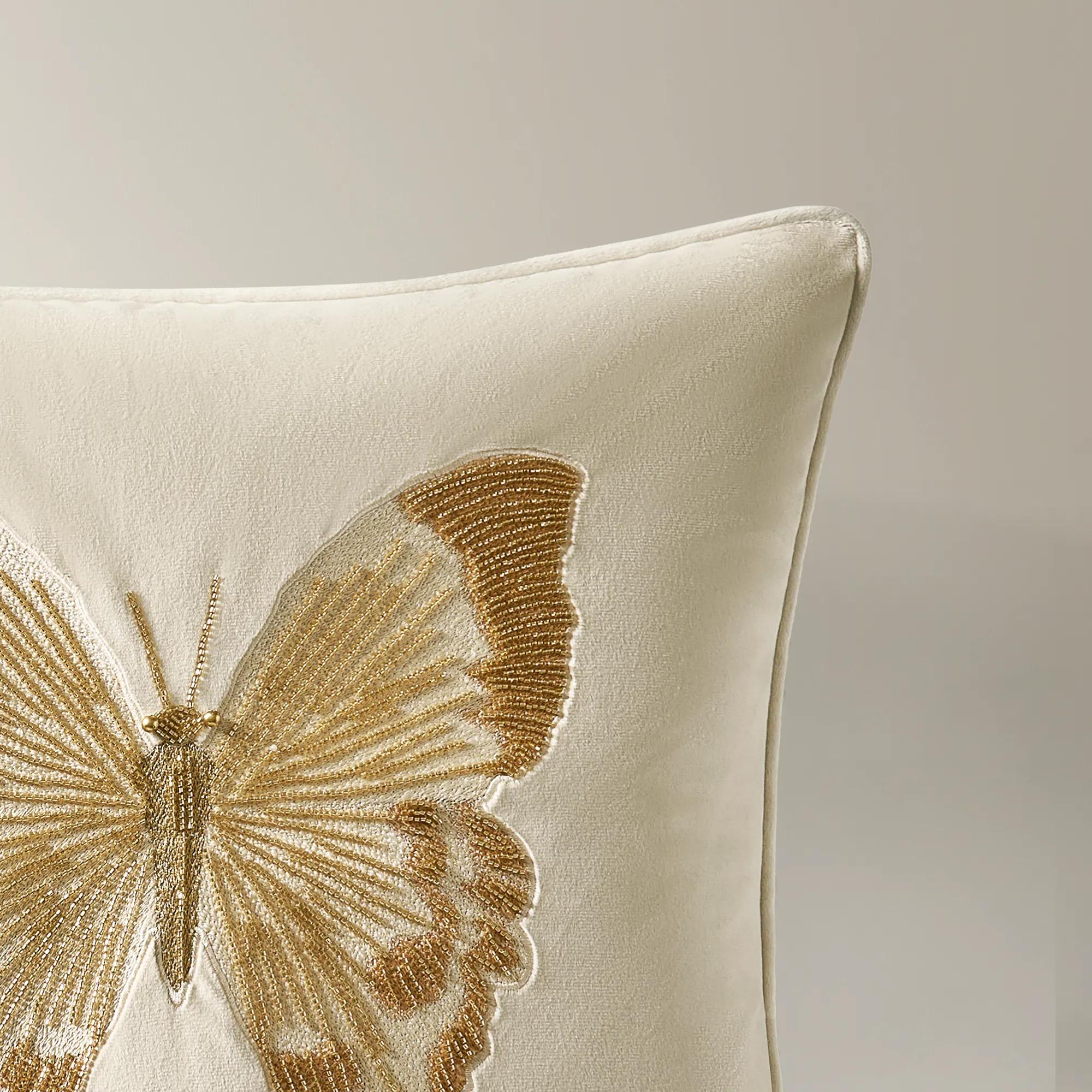 Bella Beaded Butterfly Pillow 20" - Ivory/Gold