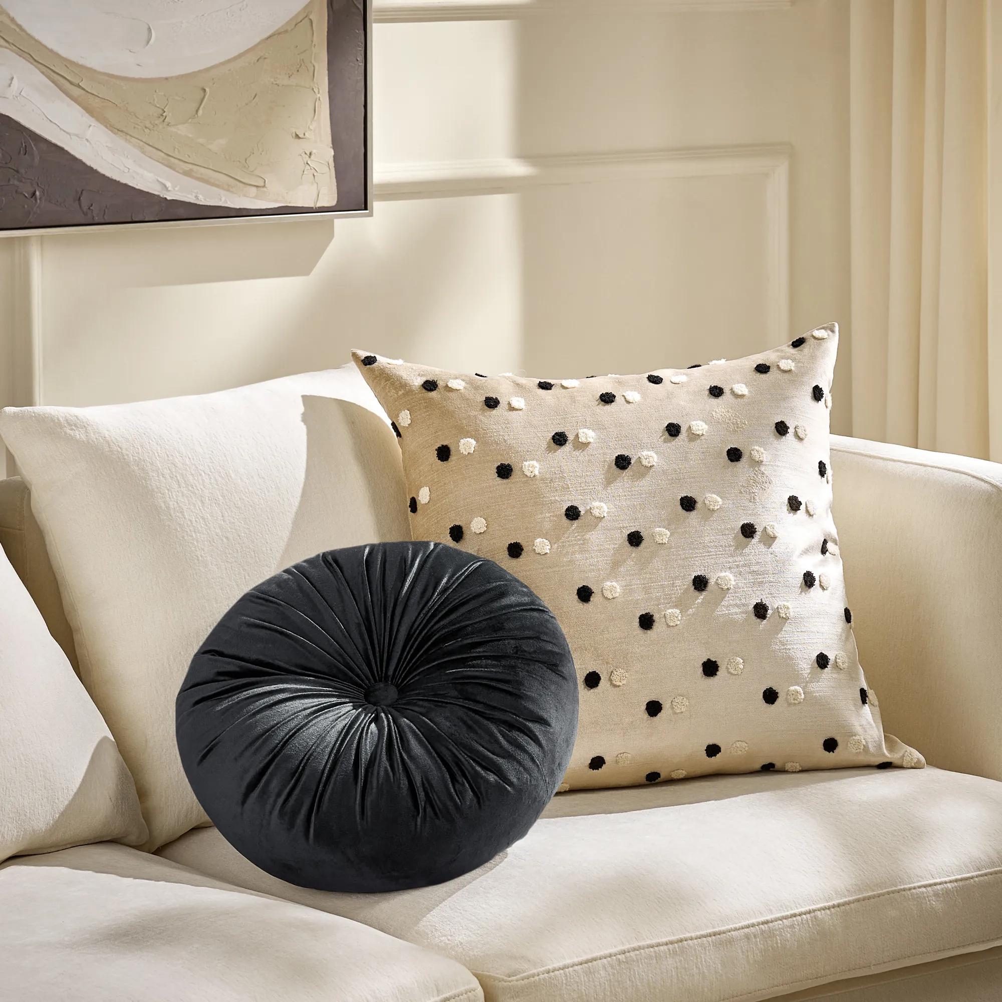 Clea Tufted Round Velvet Pillow 15" - Black