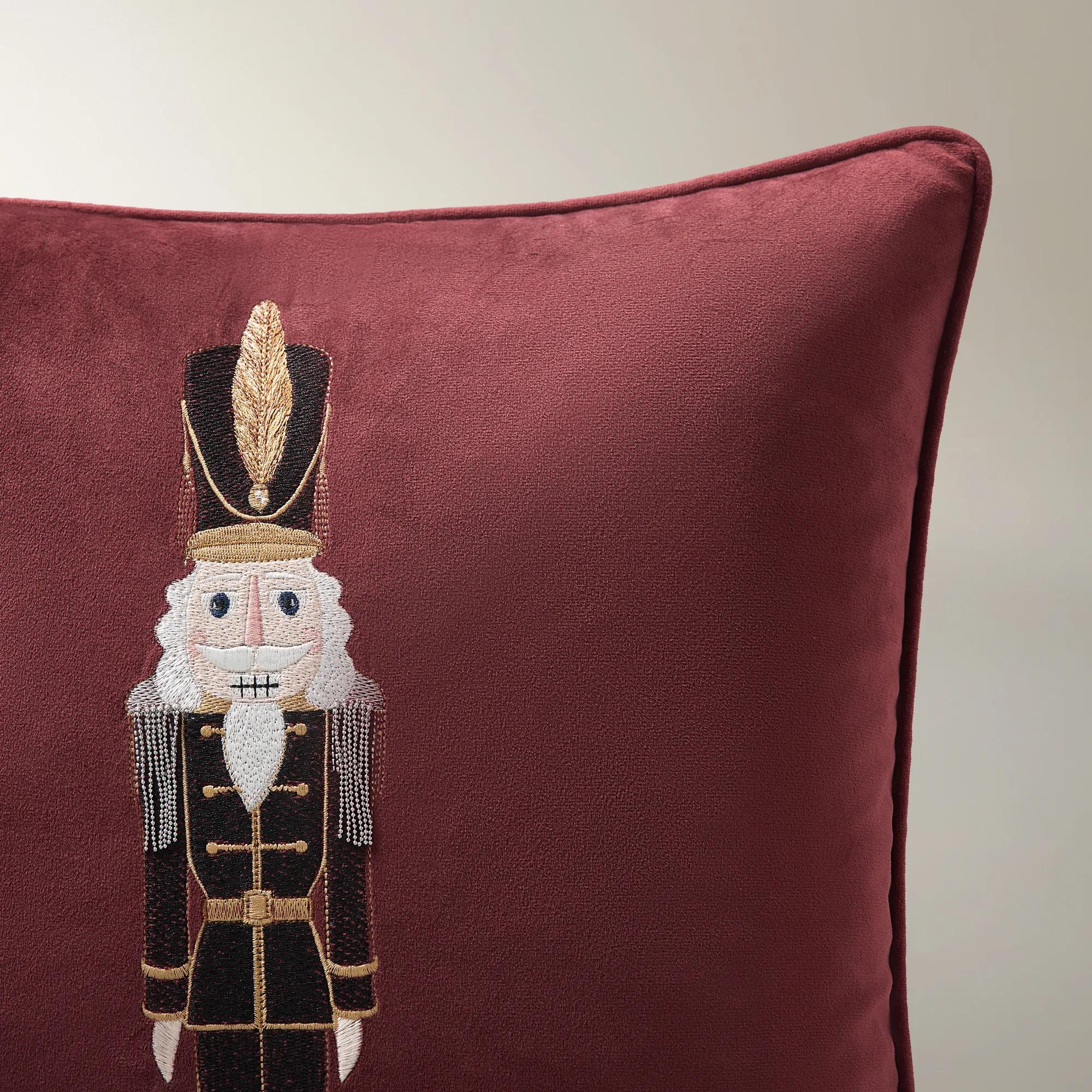 Nutcracker Embroidered Burgundy Velvet Holiday Pillow 20" x 20"