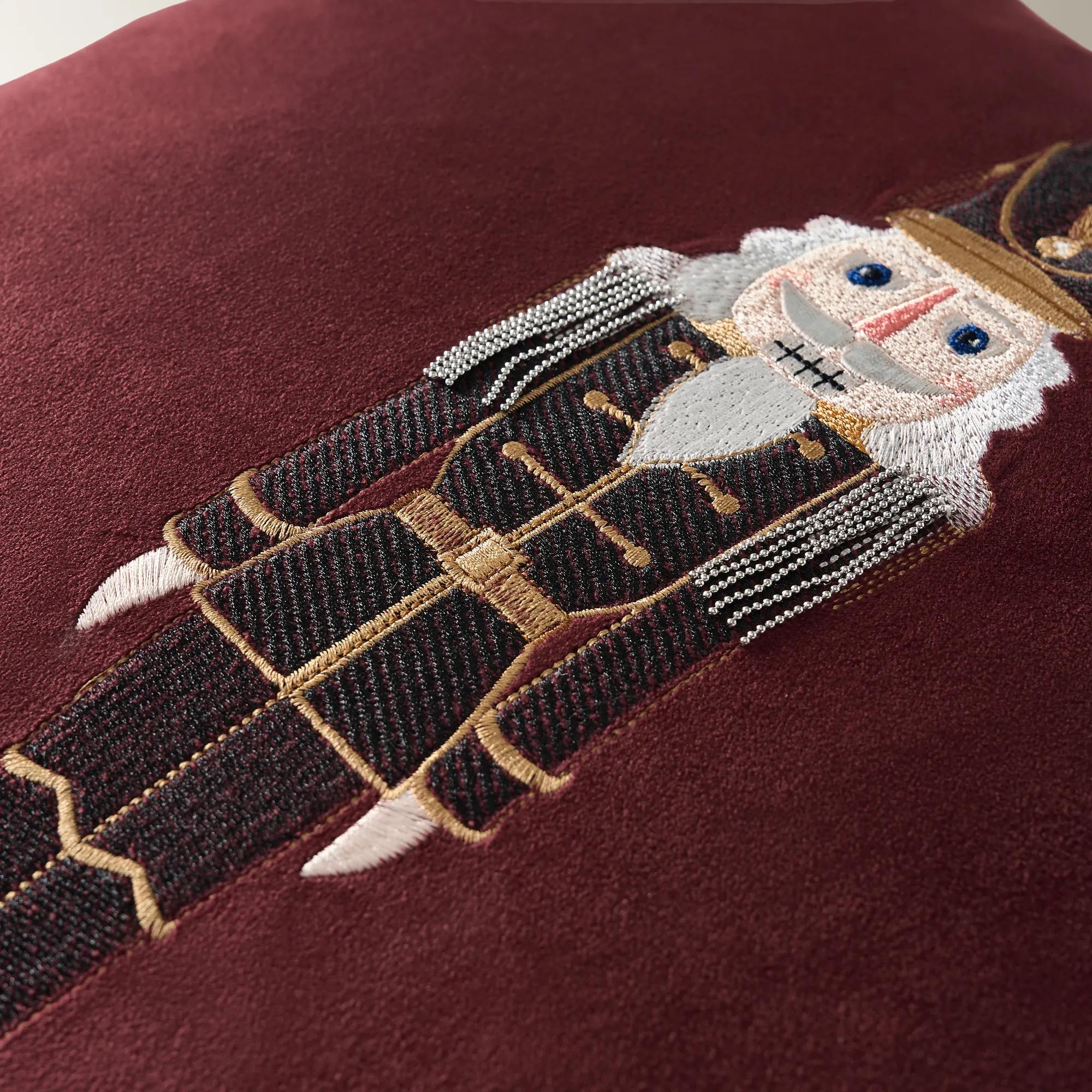 Nutcracker Embroidered Burgundy Velvet Holiday Pillow 20" x 20"