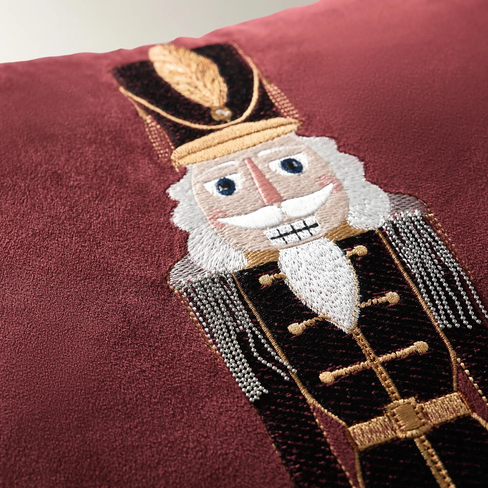 Nutcracker Embroidered Burgundy Velvet Holiday Pillow 20" x 20"