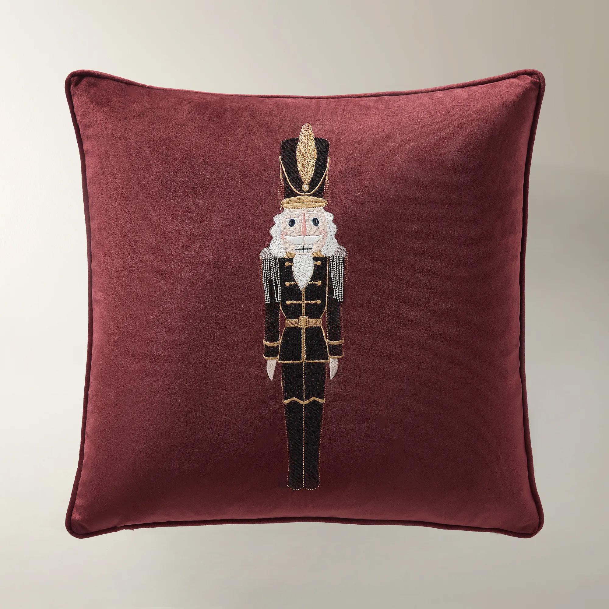 Nutcracker Embroidered Burgundy Velvet Holiday Pillow 20" x 20"