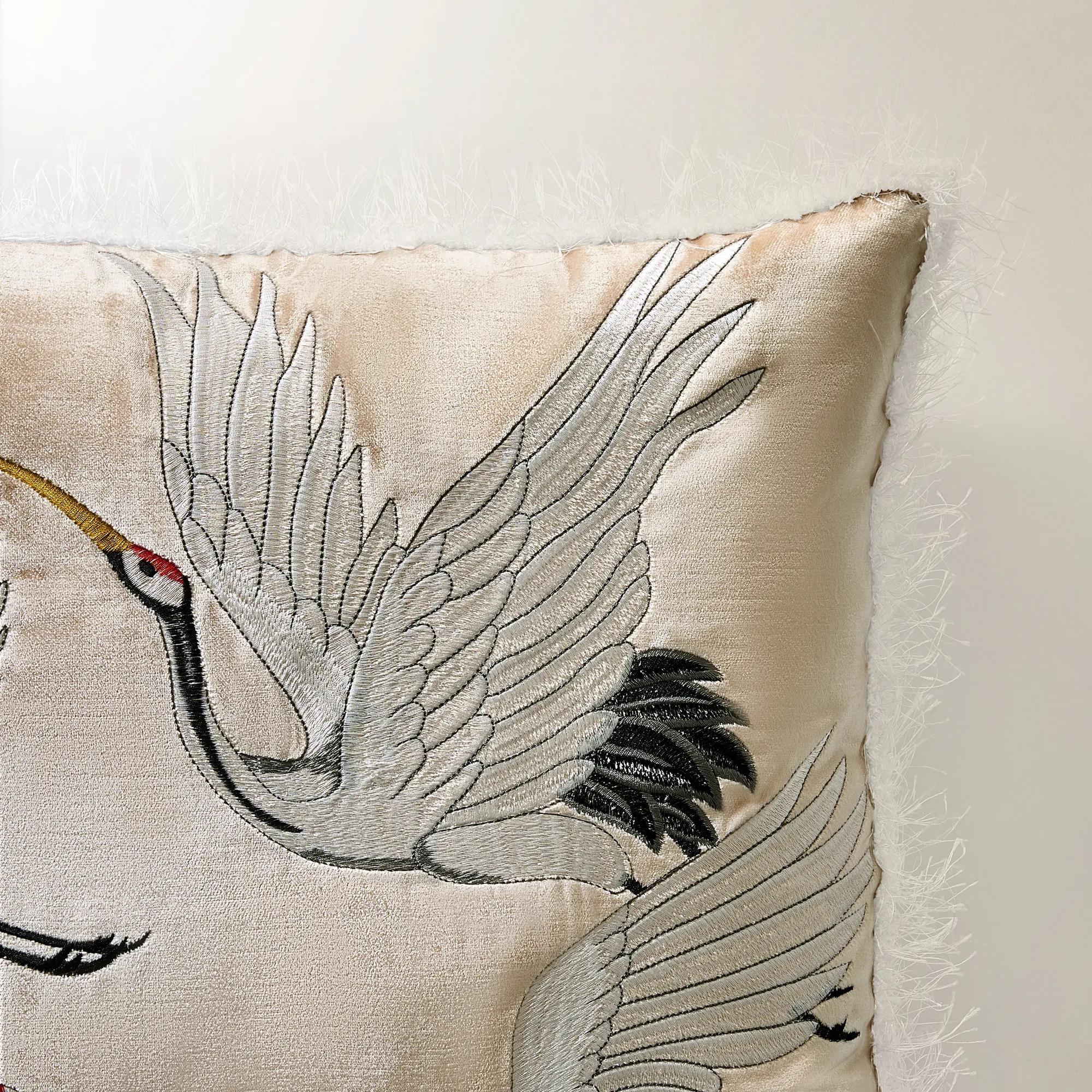 Crane Embroidered Pillow 20" - Soft Butter Cream