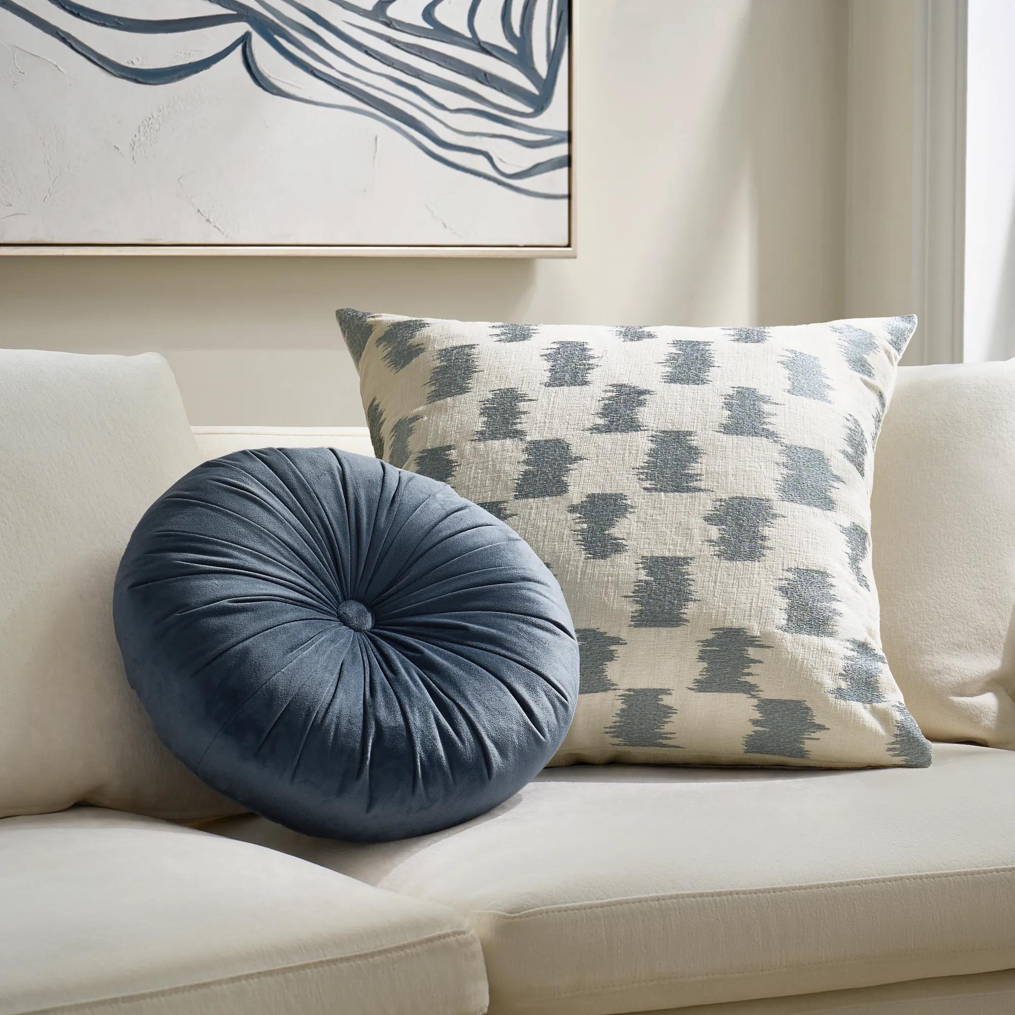 Clea Tufted Round Velvet Pillow 15" - Dusty Blue