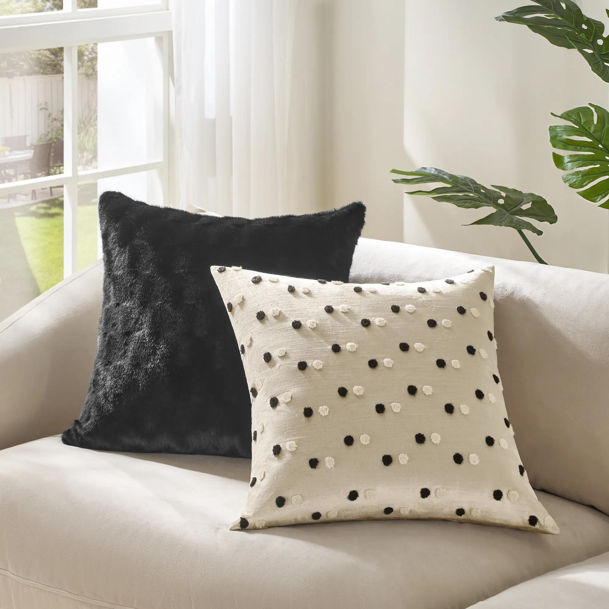 Carved Check Fur Pillow 22" - Black