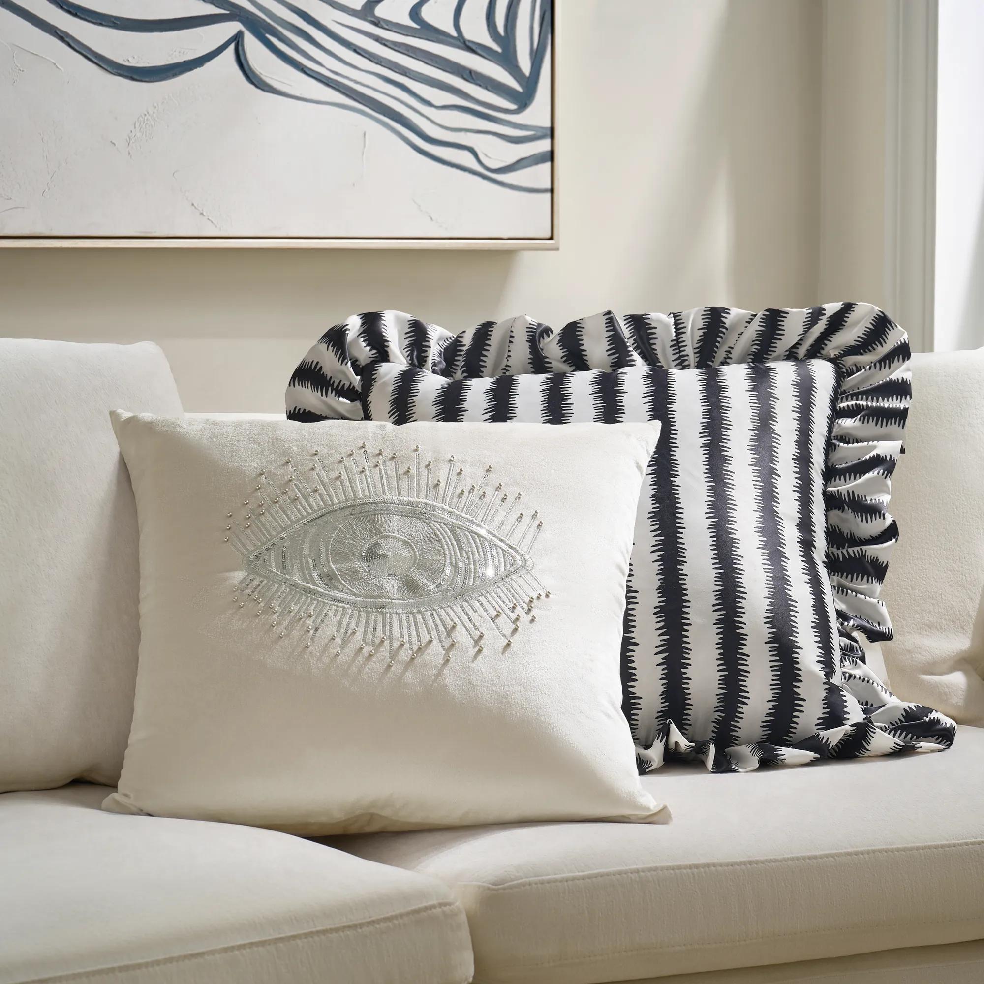 Talia Striped Ruffle Pillow 20" - Black/White