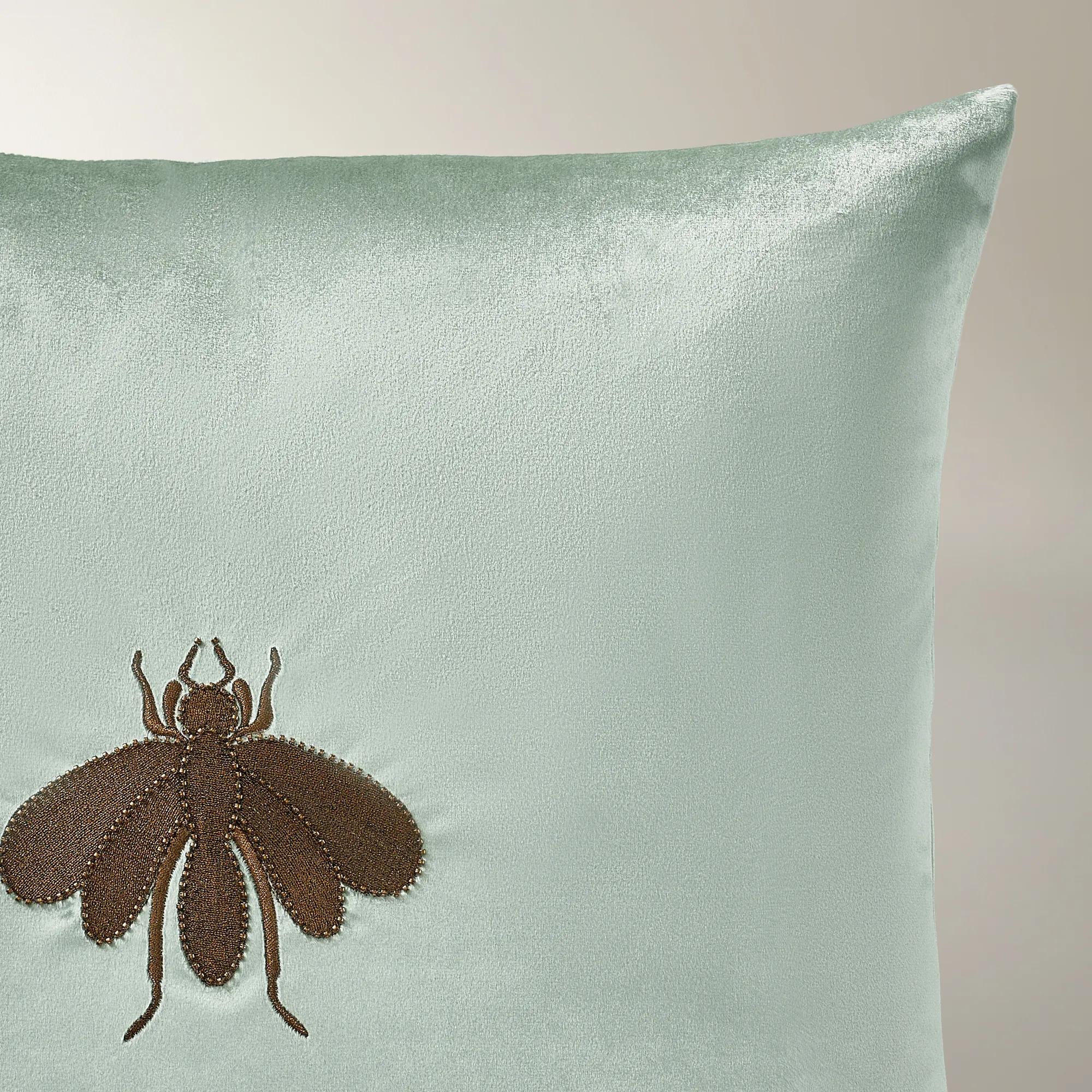 Bee Embroidered Velvet Pillow 20" - Sea Glass/Bronze