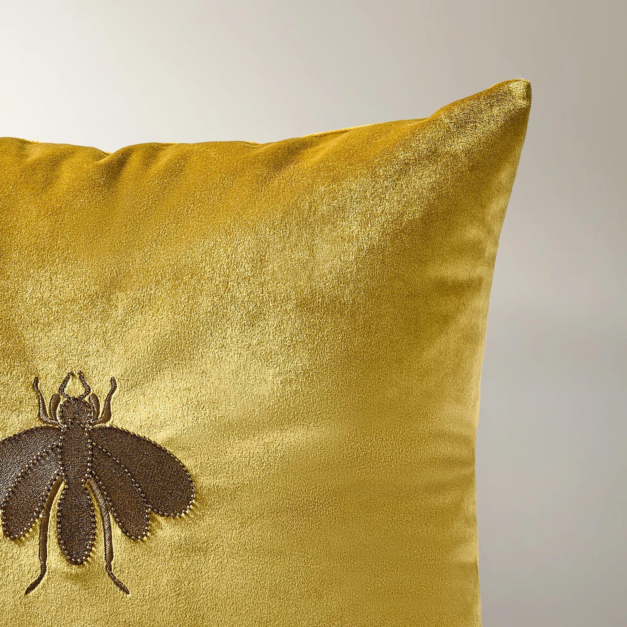 Bee Embroidered Velvet Pillow 20" - Honey Gold/Bronze