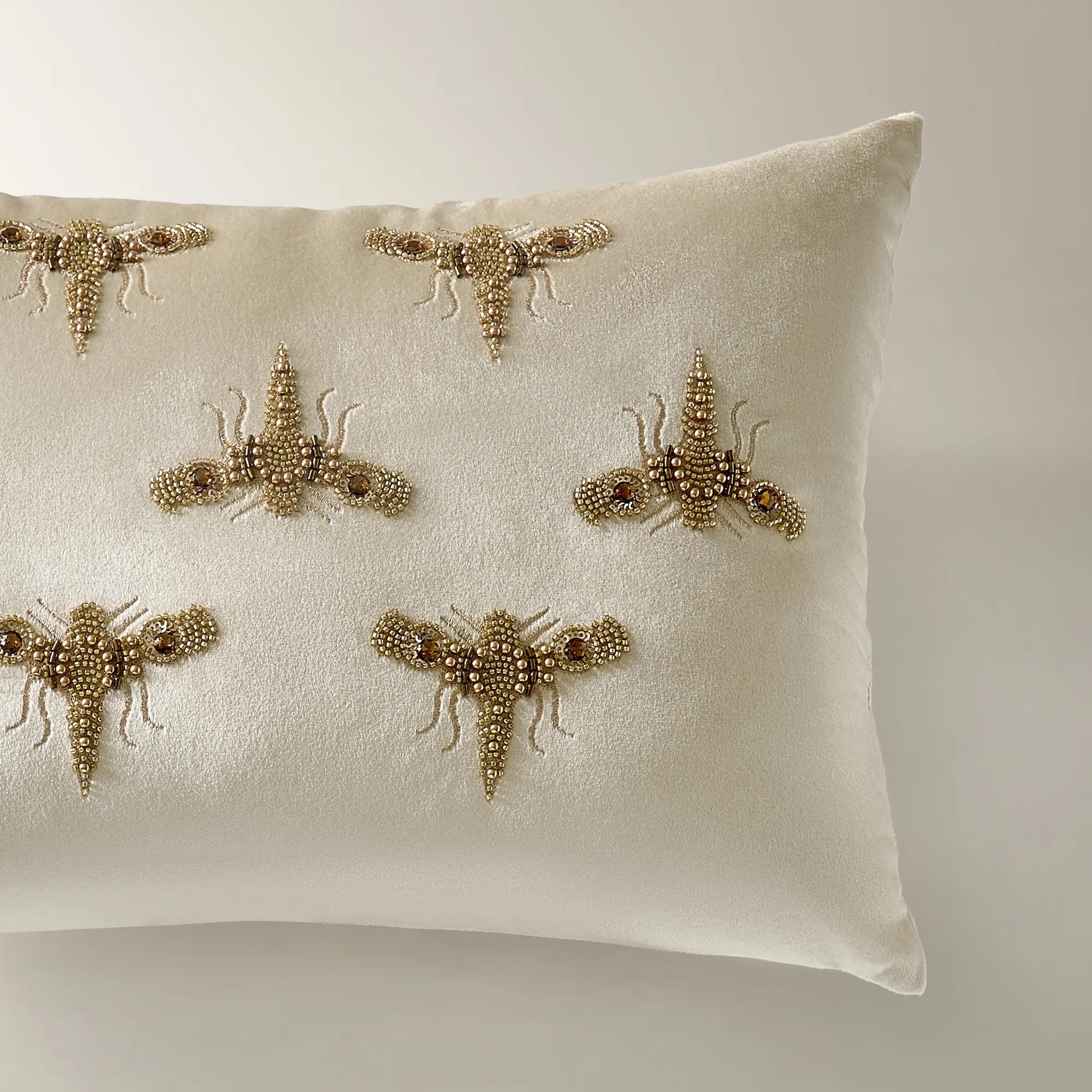 Bee Embellished Velvet Lumbar 14" x 20" - Cloud/Bronze