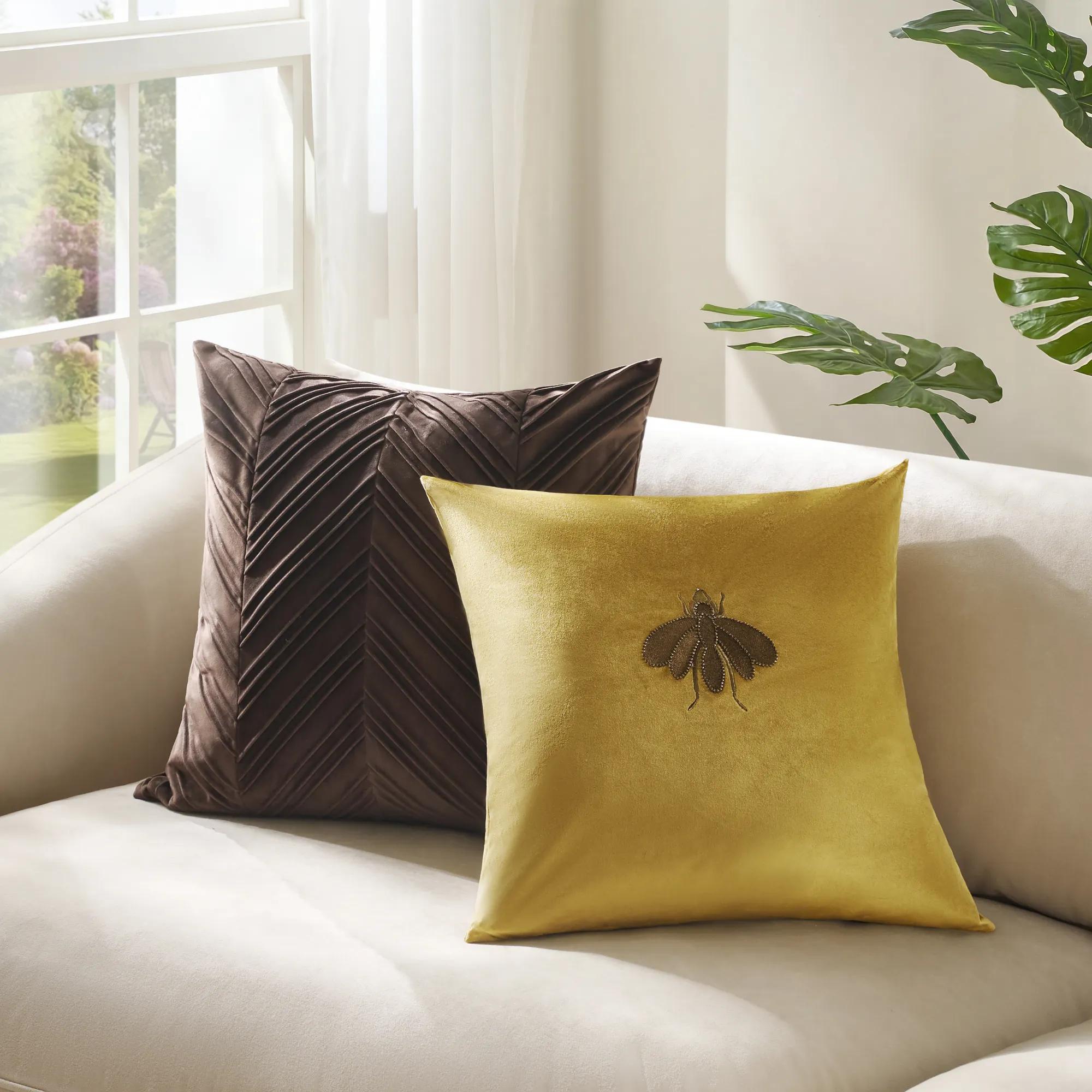 Bee Embroidered Velvet Pillow 20" - Honey Gold/Bronze