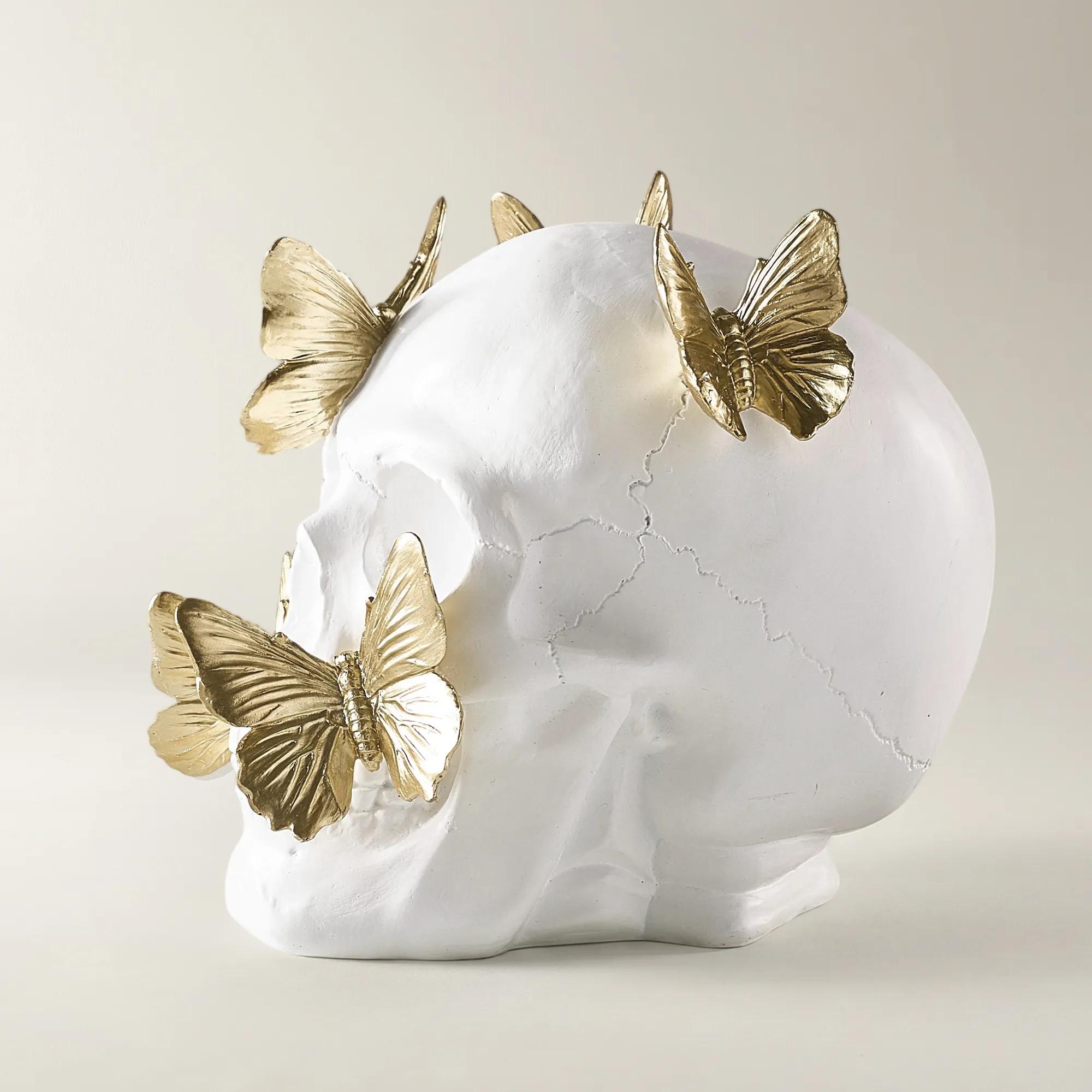 Butterfly Skull Decor 7.75" - White/Gold