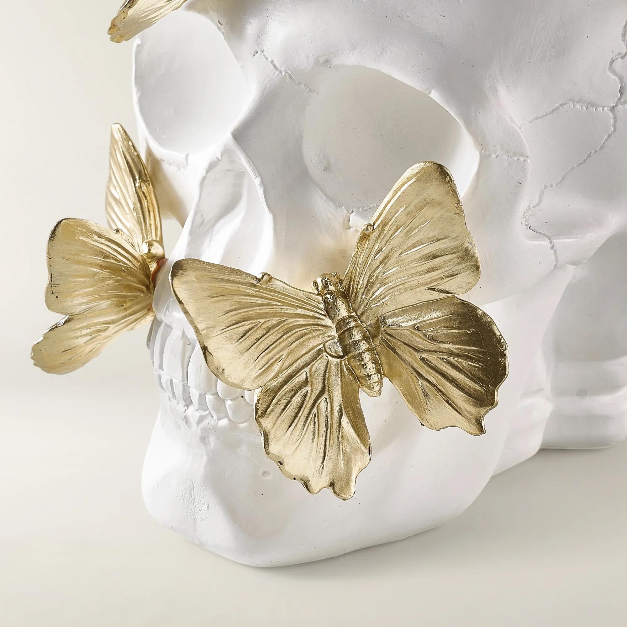 Butterfly Skull Decor 7.75" - White/Gold