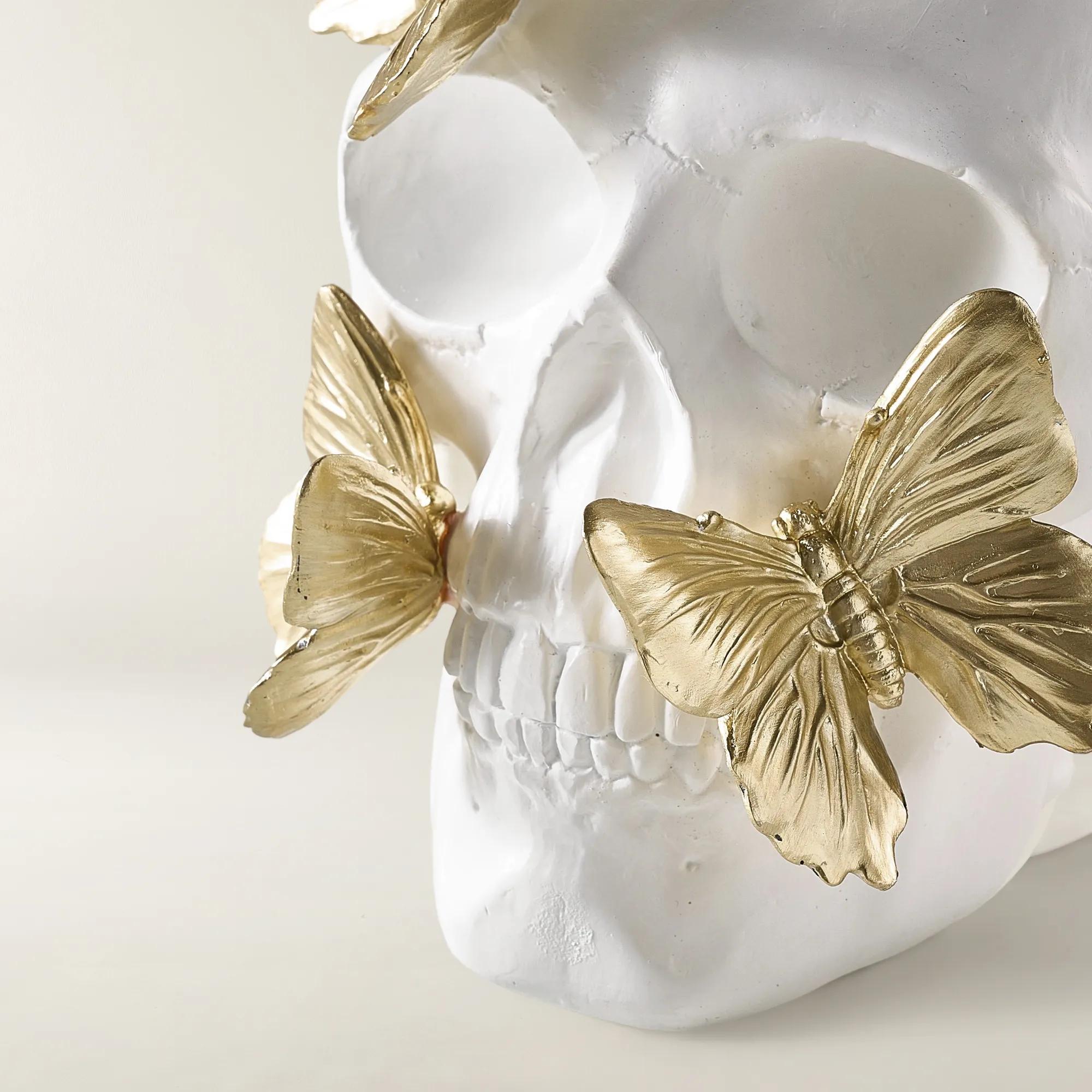Butterfly Skull Decor 7.75" - White/Gold