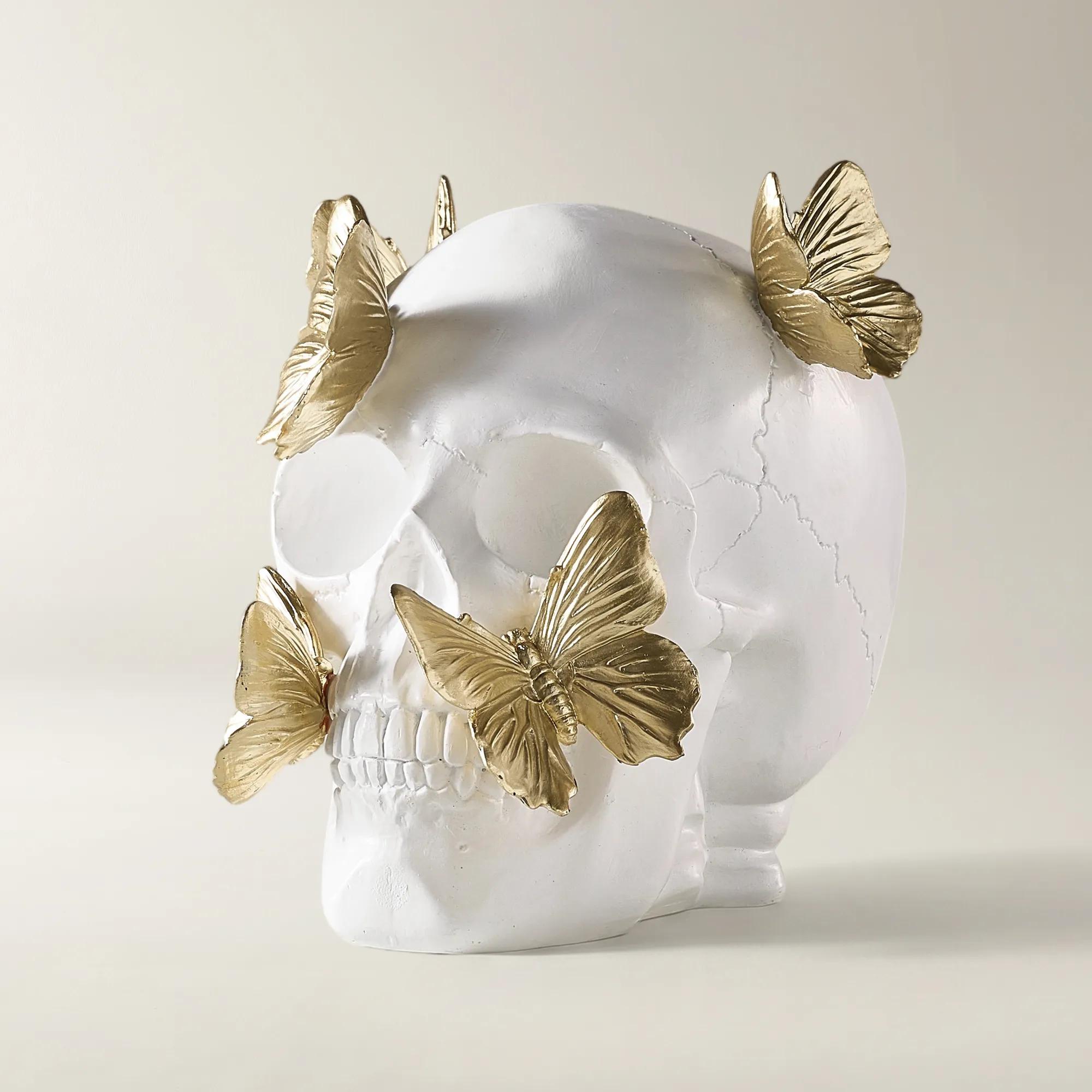 Butterfly Skull Decor 7.75" - White/Gold