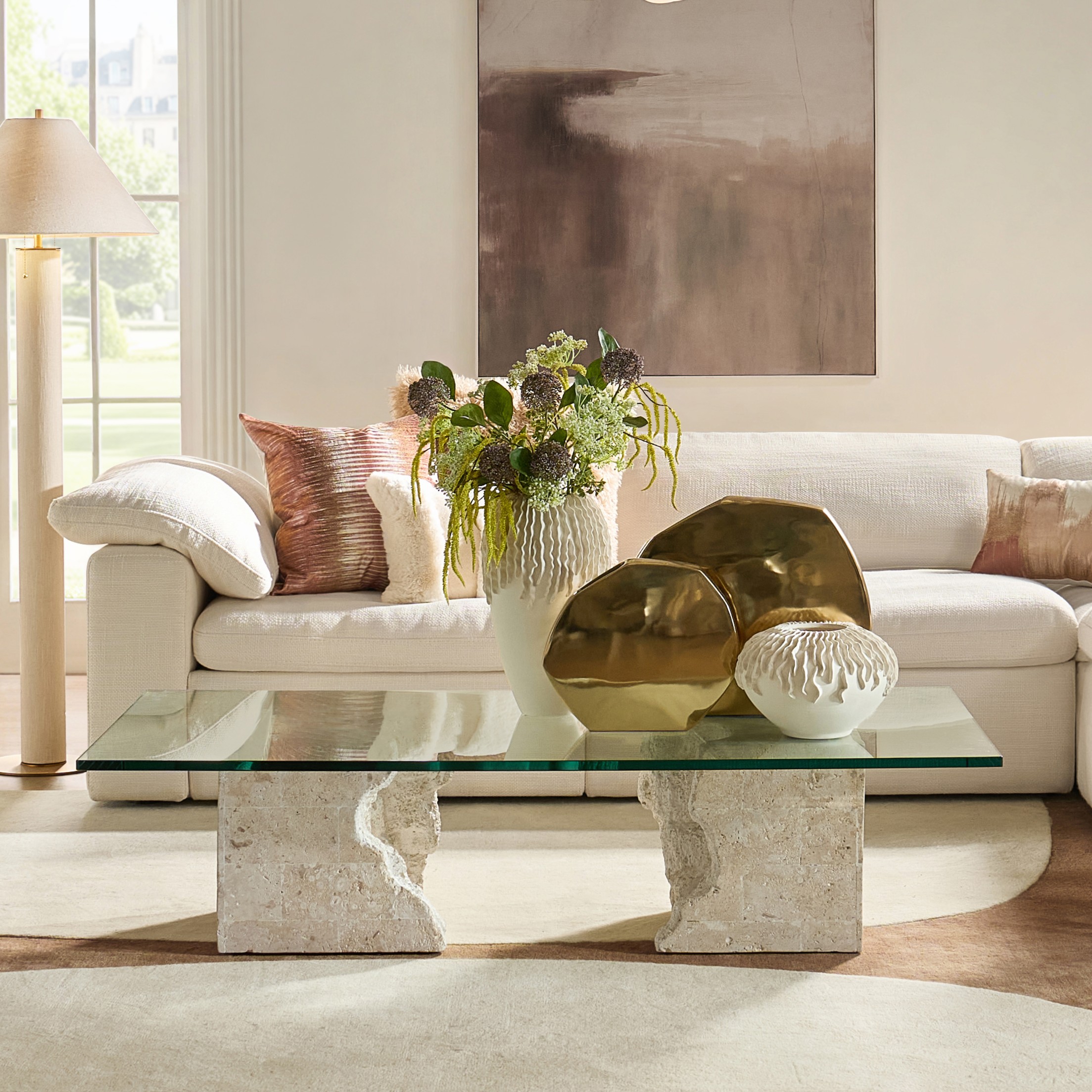 Cairo Rectangular Mactan Stone Coffee Table With Glass Top (70.87")