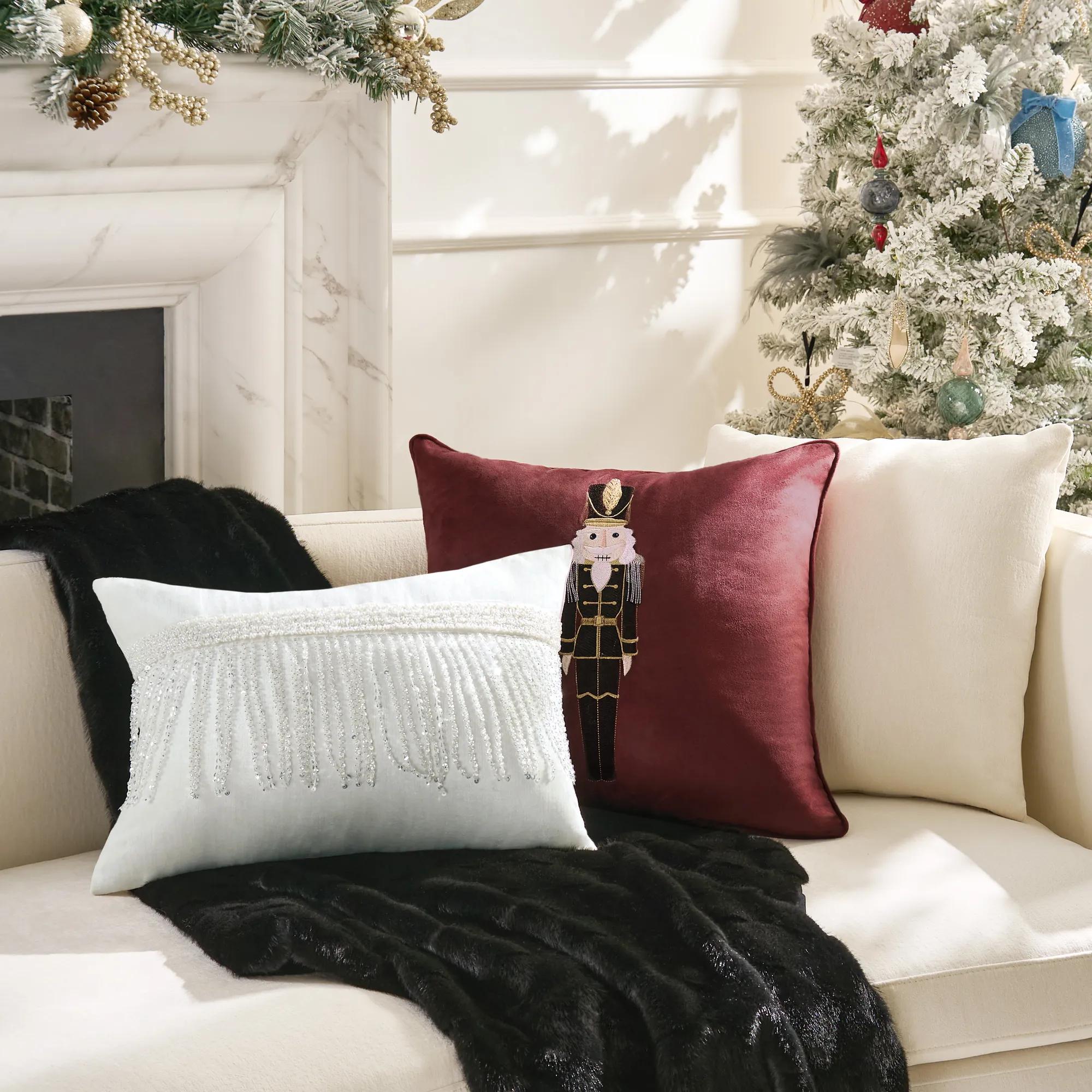 Nutcracker Embroidered Burgundy Velvet Holiday Pillow 20" x 20"