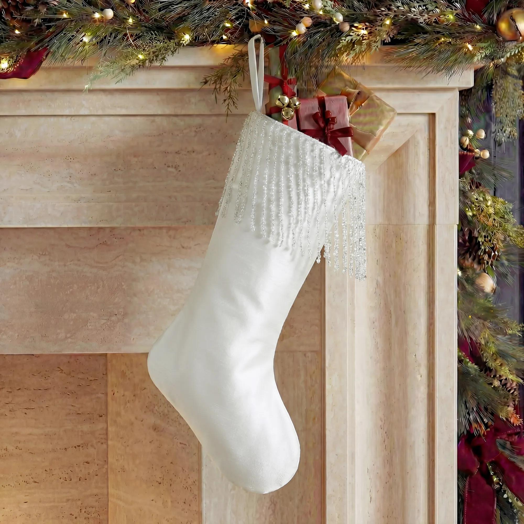 Icicle Fringe Velvet Christmas Stocking - White
