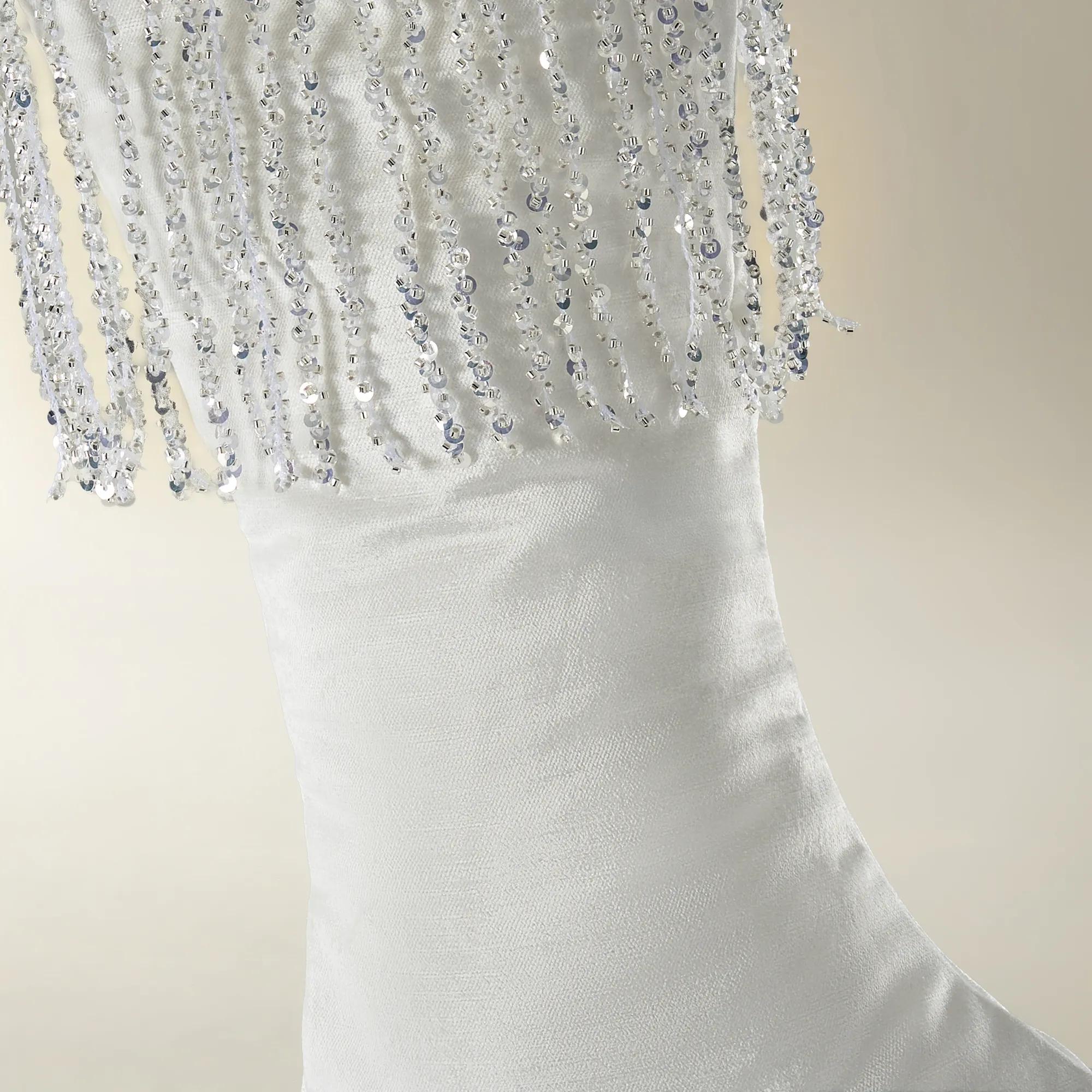 Icicle Fringe Velvet Christmas Stocking - White