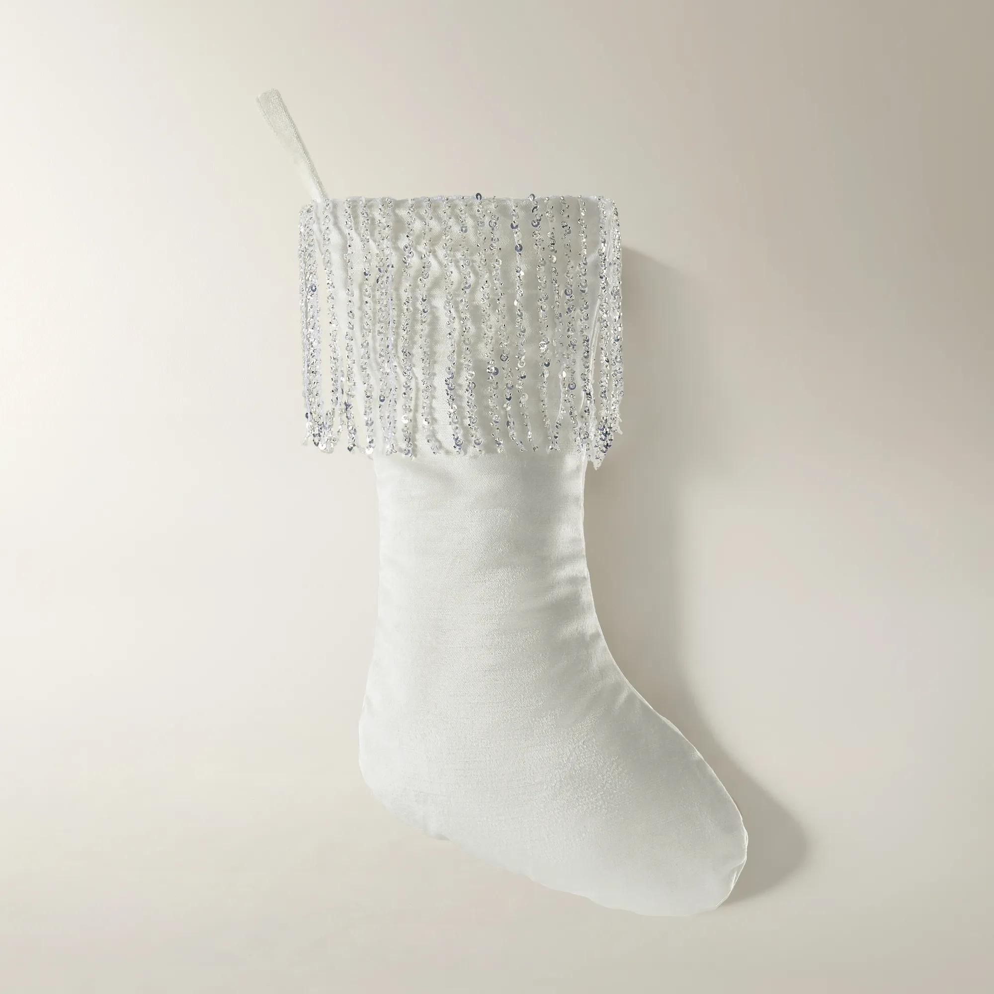 Icicle Fringe Velvet Christmas Stocking - White