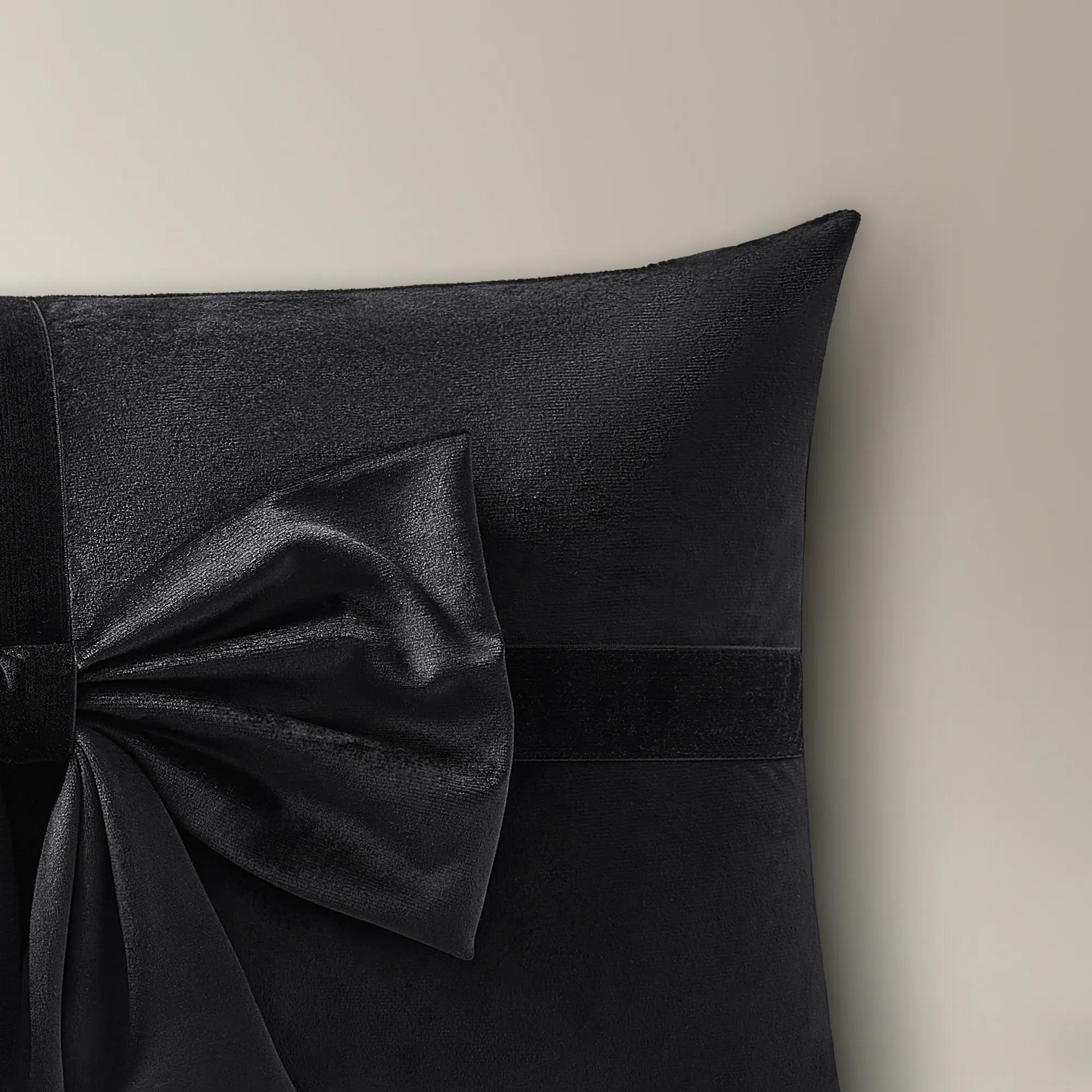 Velvet Bow Lumbar Pillow 14" x 20"- Black